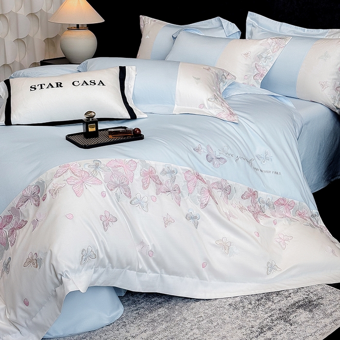 91家纺网 家纺一手货源 找家纺 星蕴家纺 2026新款贡缎长绒棉四件套-悦蝶（最低控价券后278元！） 悦蝶-天空蓝