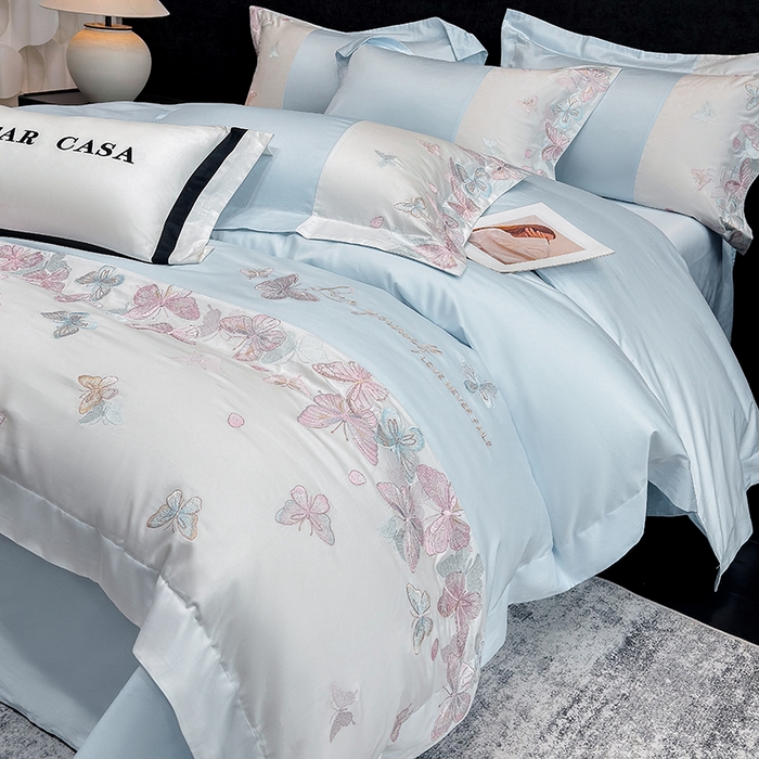 91家纺网 家纺一手货源 找家纺 星蕴家纺 2026新款贡缎长绒棉四件套-悦蝶（最低控价券后278元！） 悦蝶-天空蓝