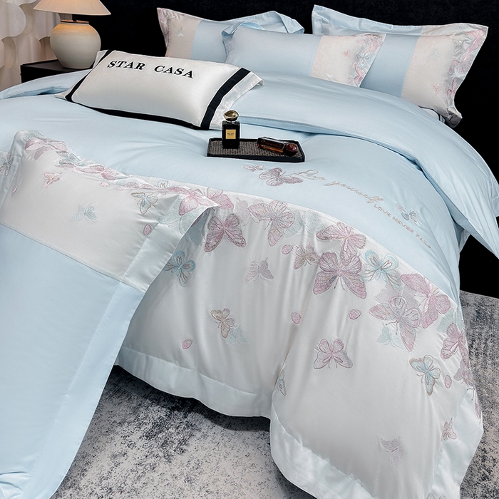 91家纺网 家纺一手货源 找家纺 星蕴家纺 2026新款贡缎长绒棉四件套-悦蝶（最低控价券后278元！） 悦蝶-天空蓝