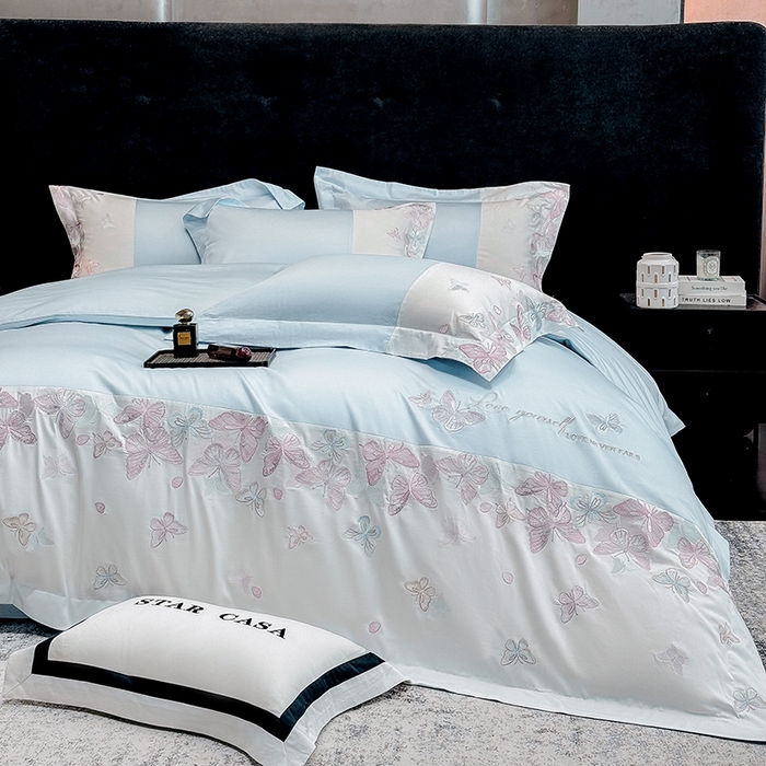 91家纺网 家纺一手货源 找家纺 星蕴家纺 2026新款贡缎长绒棉四件套-悦蝶（最低控价券后278元！） 悦蝶-天空蓝