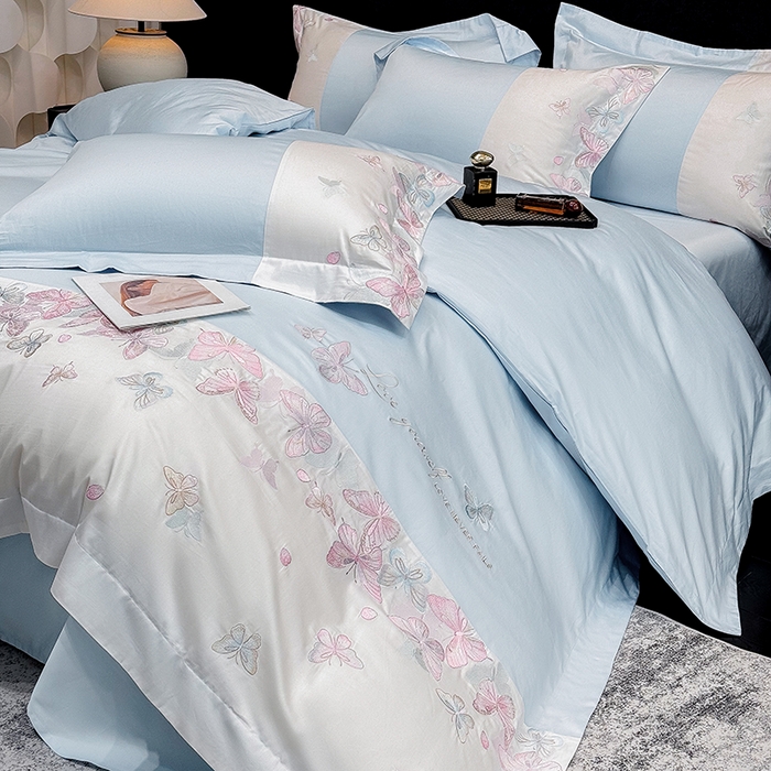 91家纺网 家纺一手货源 找家纺 星蕴家纺 2026新款贡缎长绒棉四件套-悦蝶（最低控价券后278元！） 悦蝶-天空蓝