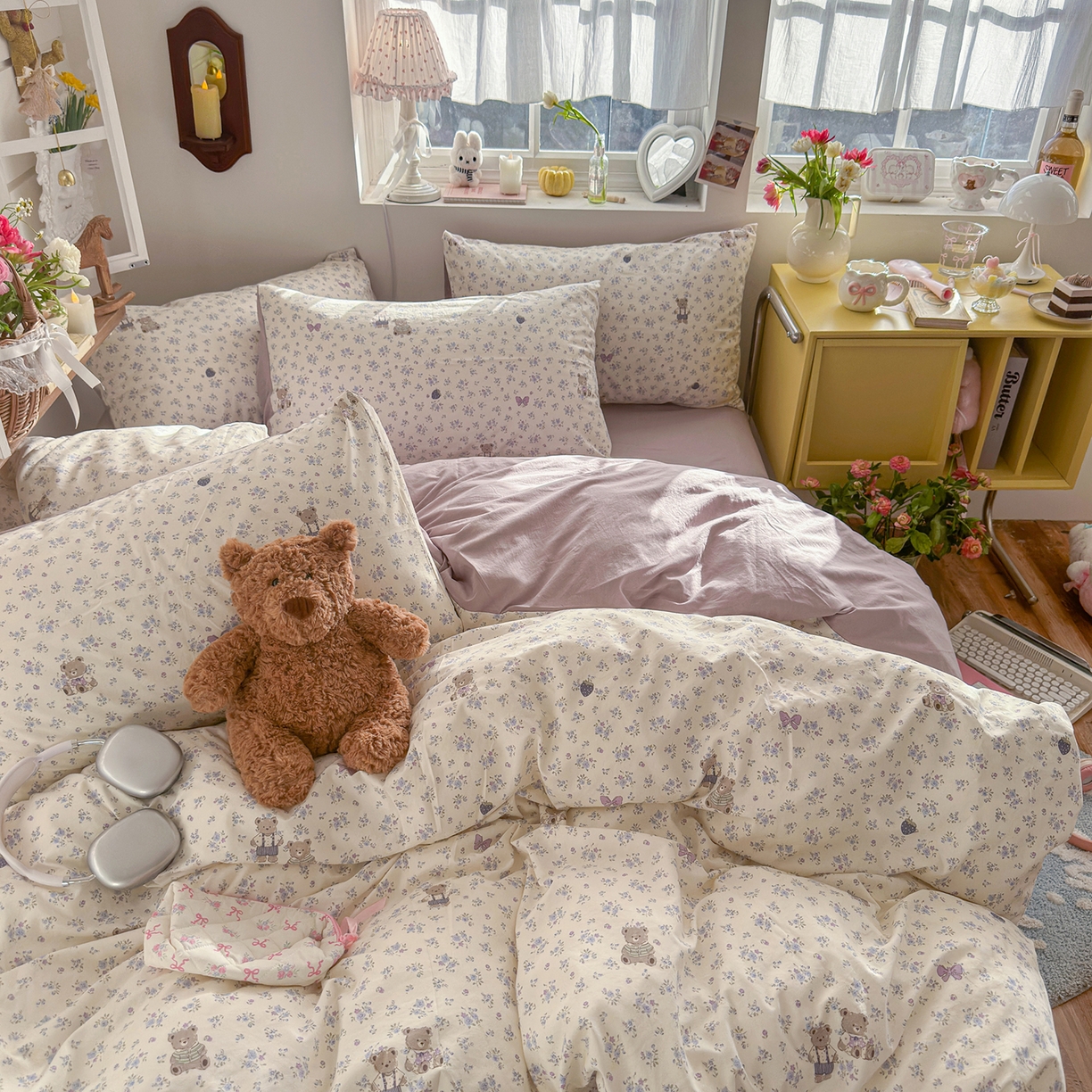 91家纺网 家纺一手货源 找家纺 金梦拉家纺 2026新款春夏古法水洗仿棉砂洗云小棉小布袋四件套 碎花熊