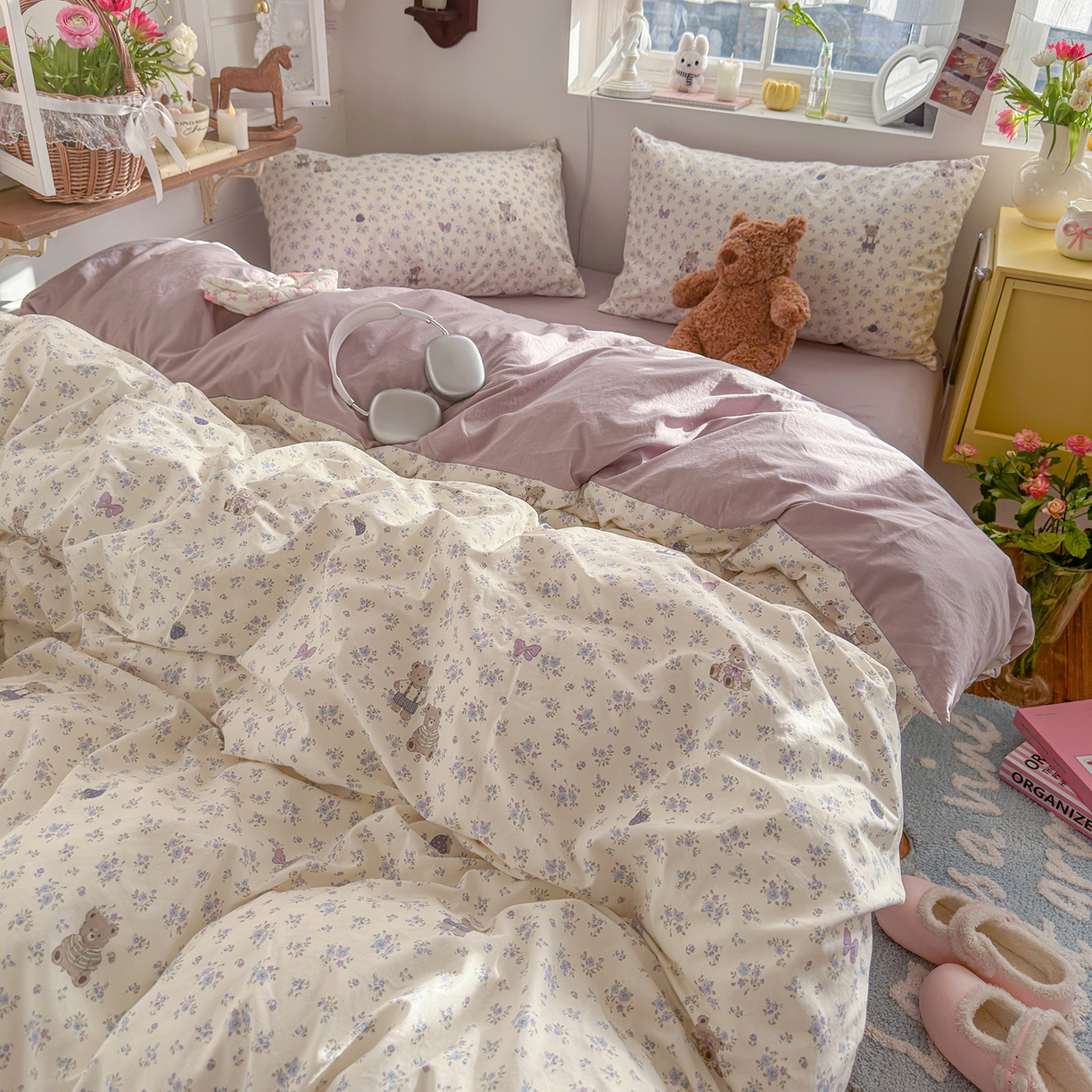 91家纺网 家纺一手货源 找家纺 金梦拉家纺 2026新款春夏古法水洗仿棉砂洗云小棉小布袋四件套 碎花熊