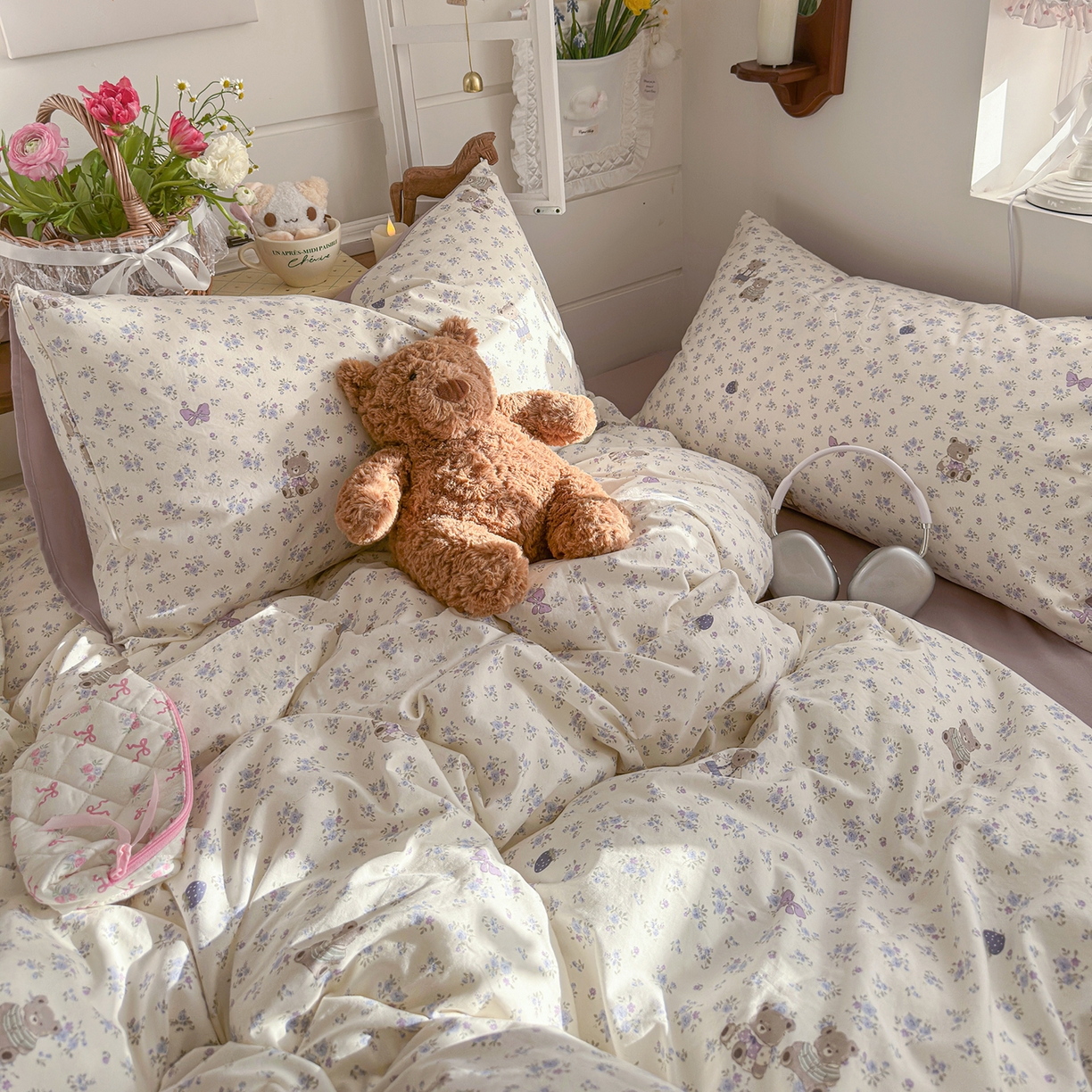 91家纺网 家纺一手货源 找家纺 金梦拉家纺 2026新款春夏古法水洗仿棉砂洗云小棉小布袋四件套 碎花熊