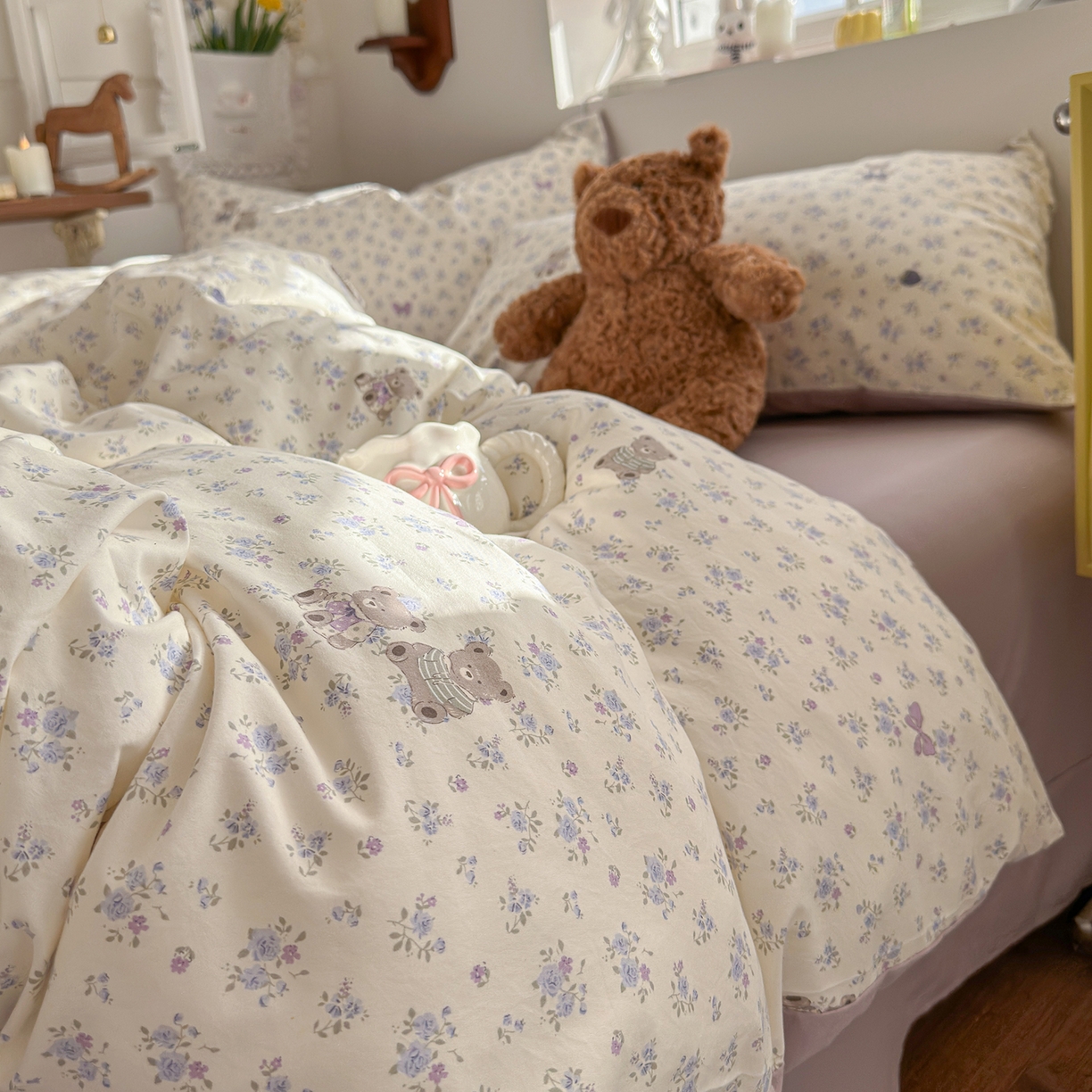 91家纺网 家纺一手货源 找家纺 金梦拉家纺 2026新款春夏古法水洗仿棉砂洗云小棉小布袋四件套 碎花熊