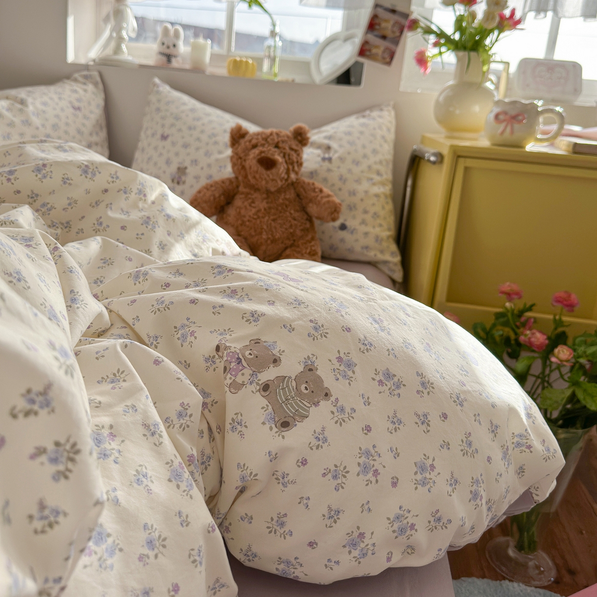 91家纺网 家纺一手货源 找家纺 金梦拉家纺 2026新款春夏古法水洗仿棉砂洗云小棉小布袋四件套 碎花熊