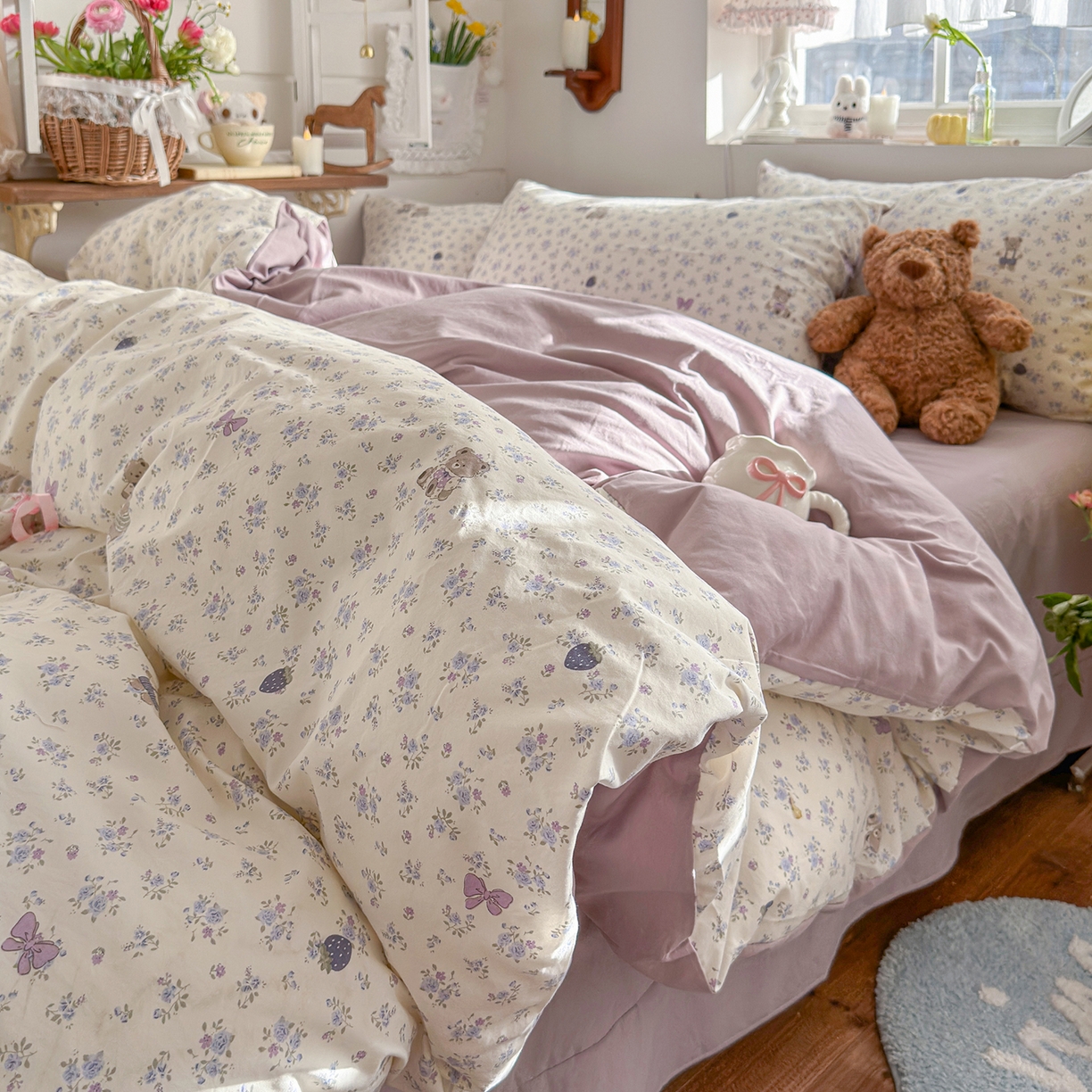 91家纺网 家纺一手货源 找家纺 金梦拉家纺 2026新款春夏古法水洗仿棉砂洗云小棉小布袋四件套 碎花熊