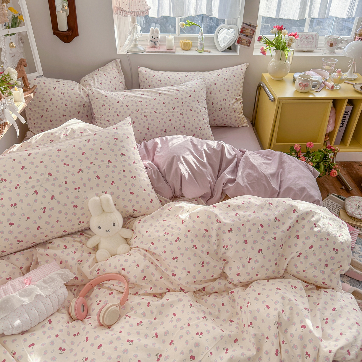 91家纺网 家纺一手货源 找家纺 金梦拉家纺 2026新款春夏古法水洗仿棉砂洗云小棉小布袋四件套 点点樱桃