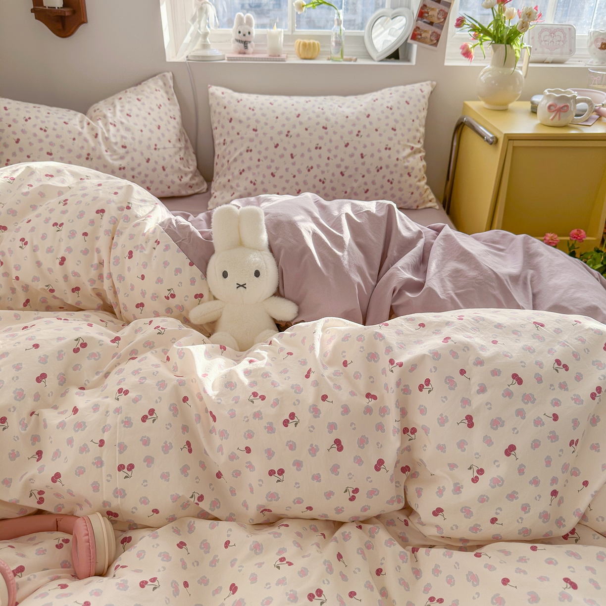 91家纺网 家纺一手货源 找家纺 金梦拉家纺 2026新款春夏古法水洗仿棉砂洗云小棉小布袋四件套 点点樱桃