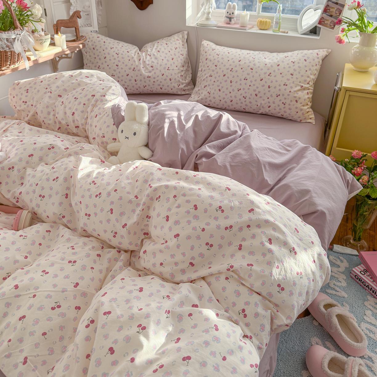 91家纺网 家纺一手货源 找家纺 金梦拉家纺 2026新款春夏古法水洗仿棉砂洗云小棉小布袋四件套 点点樱桃