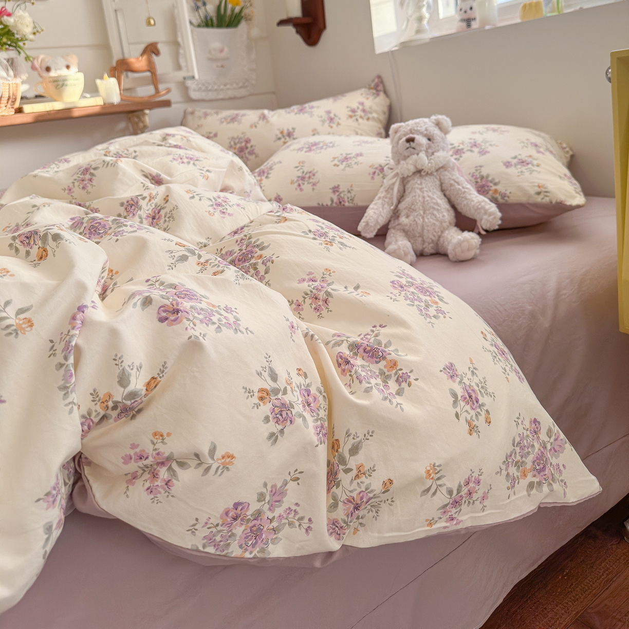 91家纺网 家纺一手货源 找家纺 金梦拉家纺 2026新款春夏古法水洗仿棉砂洗云小棉小布袋四件套 木槿