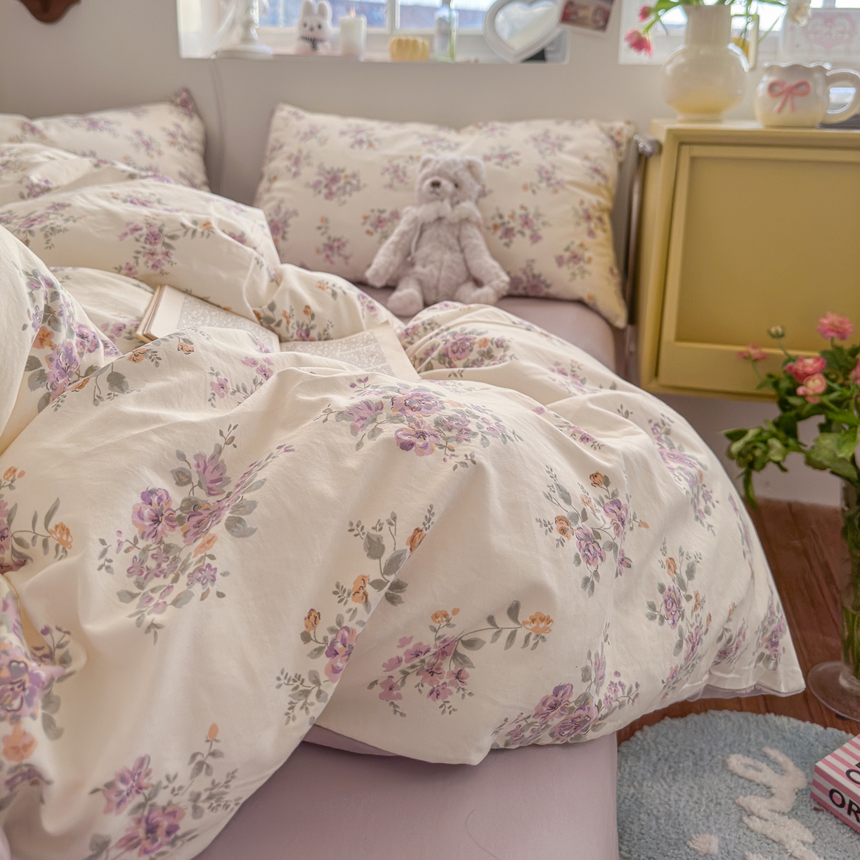 91家纺网 家纺一手货源 找家纺 金梦拉家纺 2026新款春夏古法水洗仿棉砂洗云小棉小布袋四件套 木槿