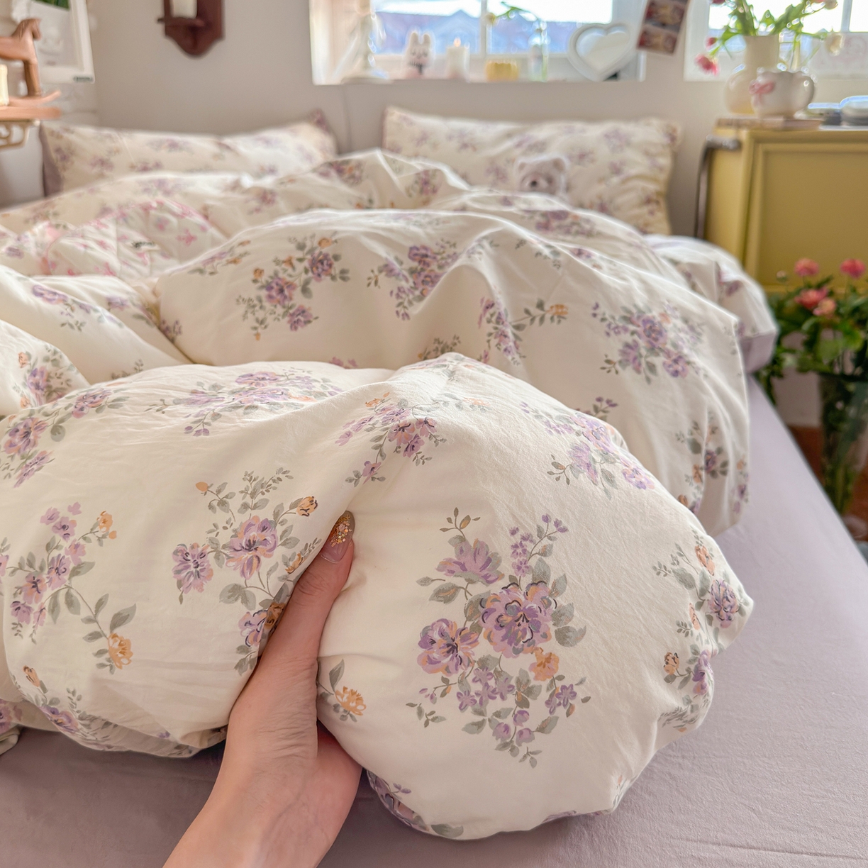 91家纺网 家纺一手货源 找家纺 金梦拉家纺 2026新款春夏古法水洗仿棉砂洗云小棉小布袋四件套 木槿