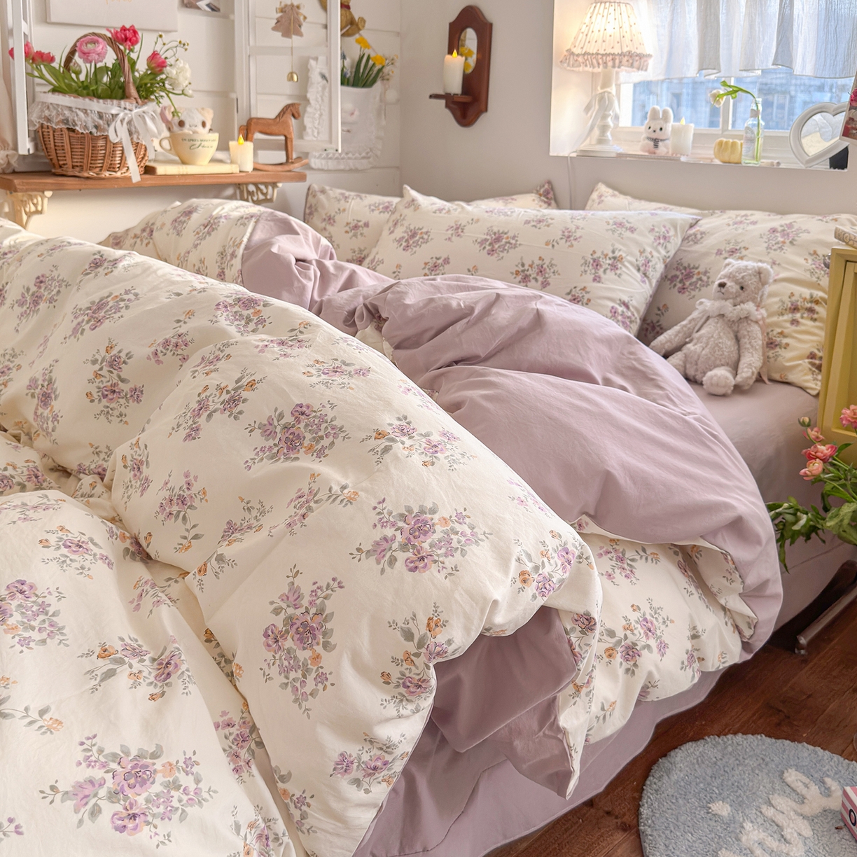 91家纺网 家纺一手货源 找家纺 金梦拉家纺 2026新款春夏古法水洗仿棉砂洗云小棉小布袋四件套 木槿