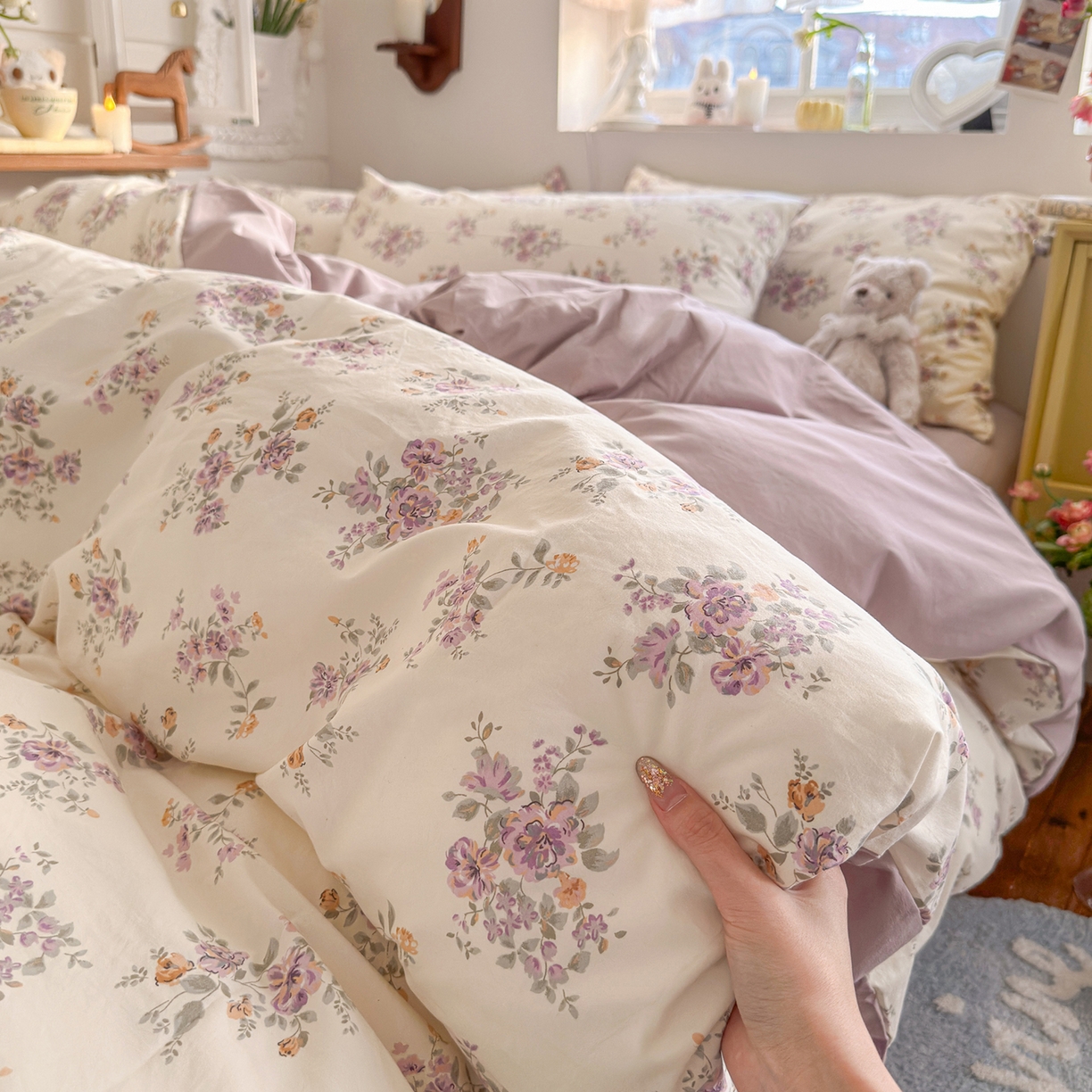 91家纺网 家纺一手货源 找家纺 金梦拉家纺 2026新款春夏古法水洗仿棉砂洗云小棉小布袋四件套 木槿