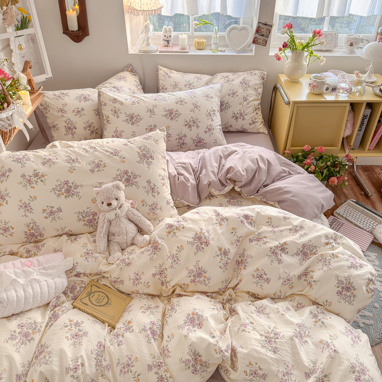 91家纺网 家纺一手货源 找家纺 金梦拉家纺 2026新款春夏古法水洗仿棉砂洗云小棉小布袋四件套 木槿