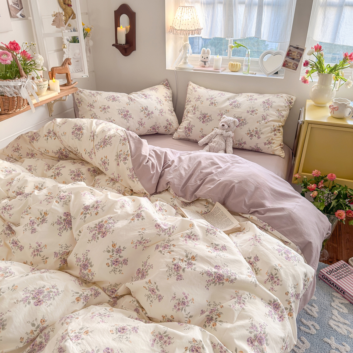 91家纺网 家纺一手货源 找家纺 金梦拉家纺 2026新款春夏古法水洗仿棉砂洗云小棉小布袋四件套 木槿