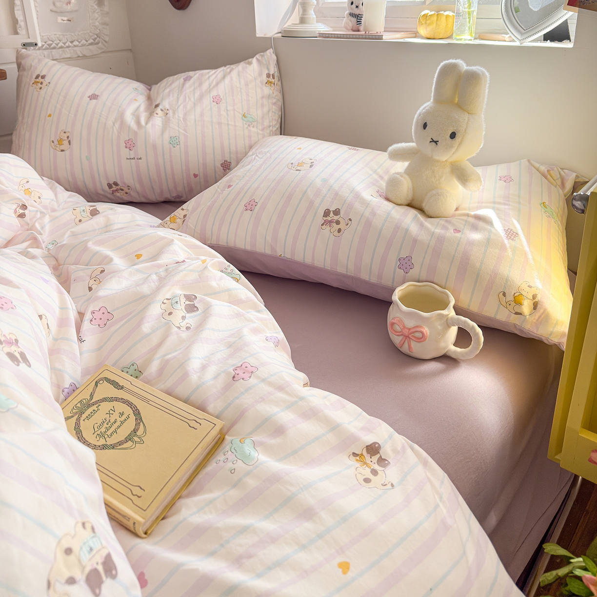 91家纺网 家纺一手货源 找家纺 金梦拉家纺 2026新款春夏古法水洗仿棉砂洗云小棉小布袋四件套 线条小喵