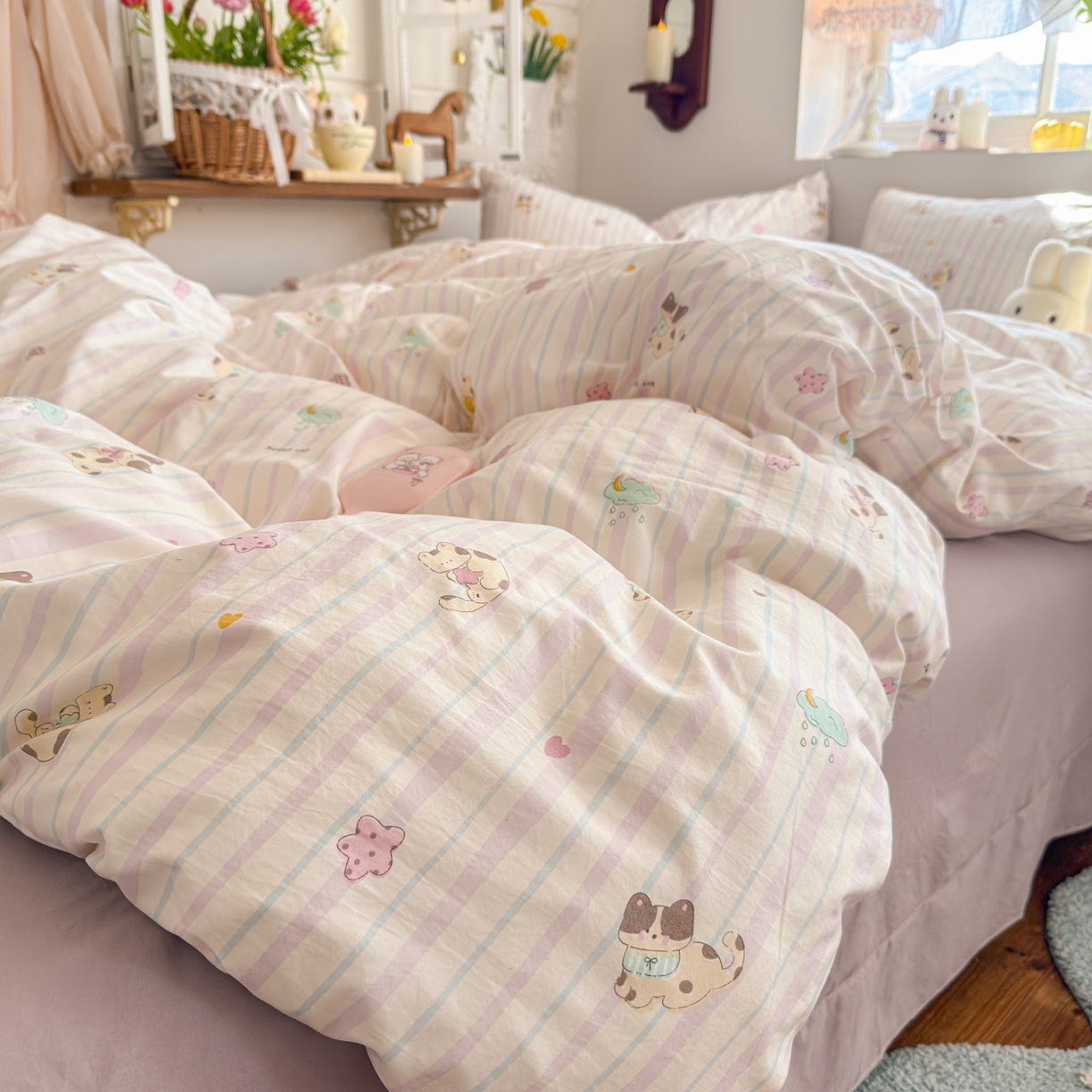 91家纺网 家纺一手货源 找家纺 金梦拉家纺 2026新款春夏古法水洗仿棉砂洗云小棉小布袋四件套 线条小喵