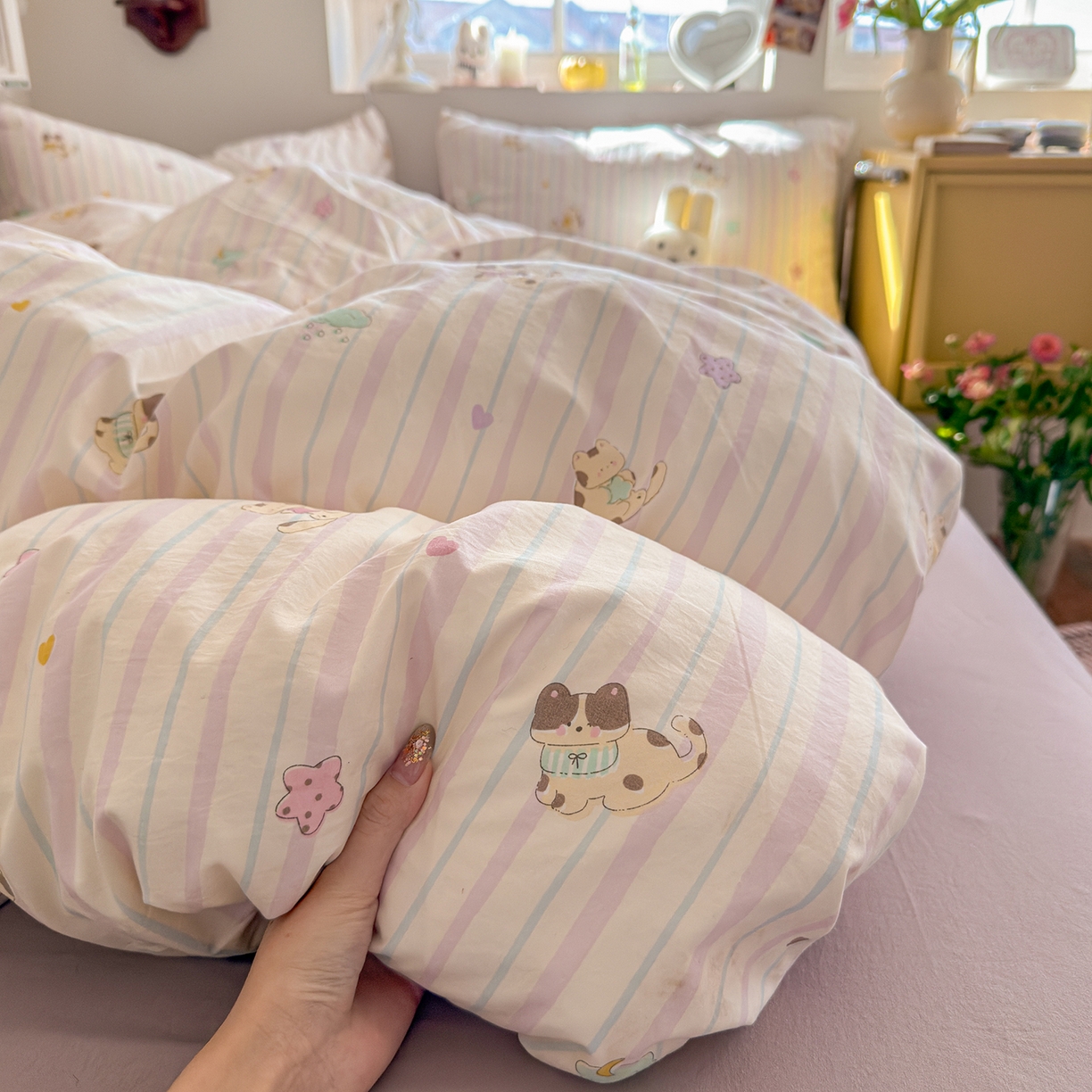 91家纺网 家纺一手货源 找家纺 金梦拉家纺 2026新款春夏古法水洗仿棉砂洗云小棉小布袋四件套 线条小喵