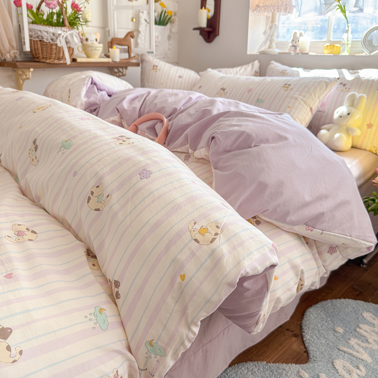 91家纺网 家纺一手货源 找家纺 金梦拉家纺 2026新款春夏古法水洗仿棉砂洗云小棉小布袋四件套 线条小喵