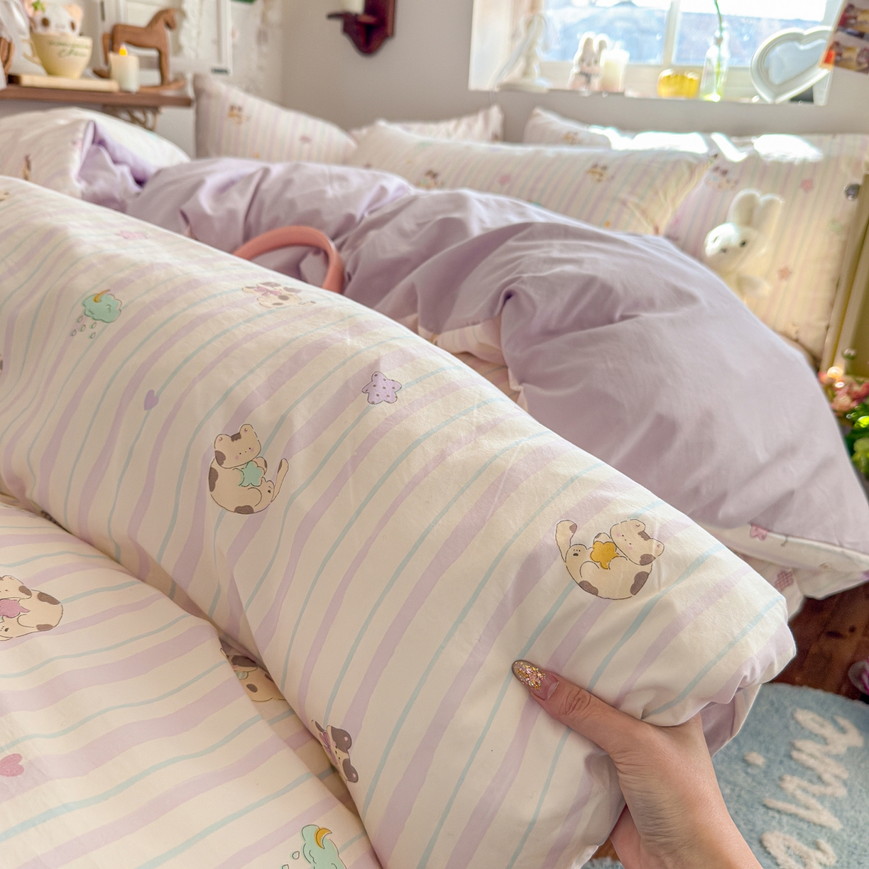 91家纺网 家纺一手货源 找家纺 金梦拉家纺 2026新款春夏古法水洗仿棉砂洗云小棉小布袋四件套 线条小喵