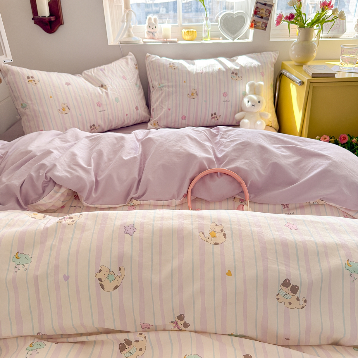 91家纺网 家纺一手货源 找家纺 金梦拉家纺 2026新款春夏古法水洗仿棉砂洗云小棉小布袋四件套 线条小喵