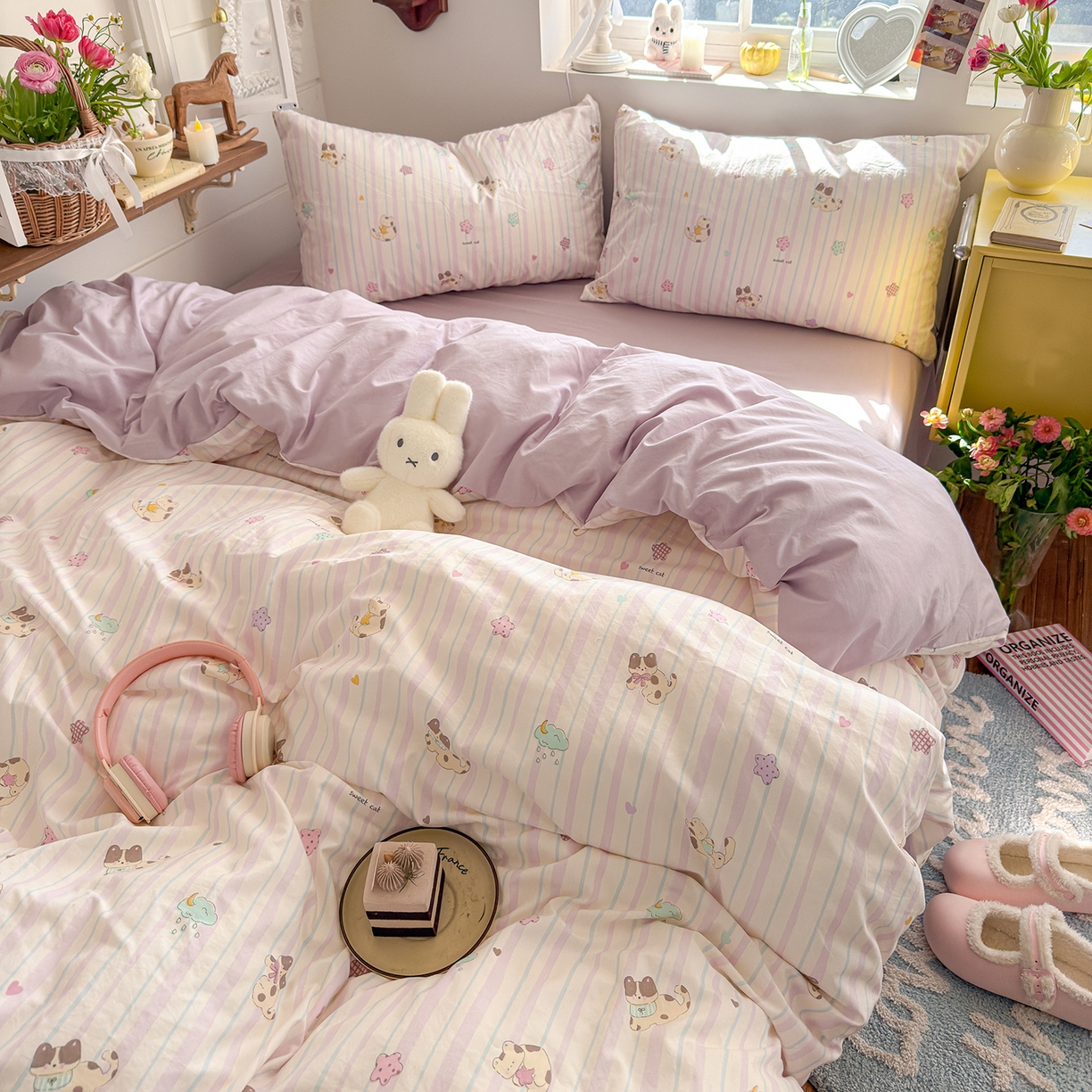 91家纺网 家纺一手货源 找家纺 金梦拉家纺 2026新款春夏古法水洗仿棉砂洗云小棉小布袋四件套 线条小喵