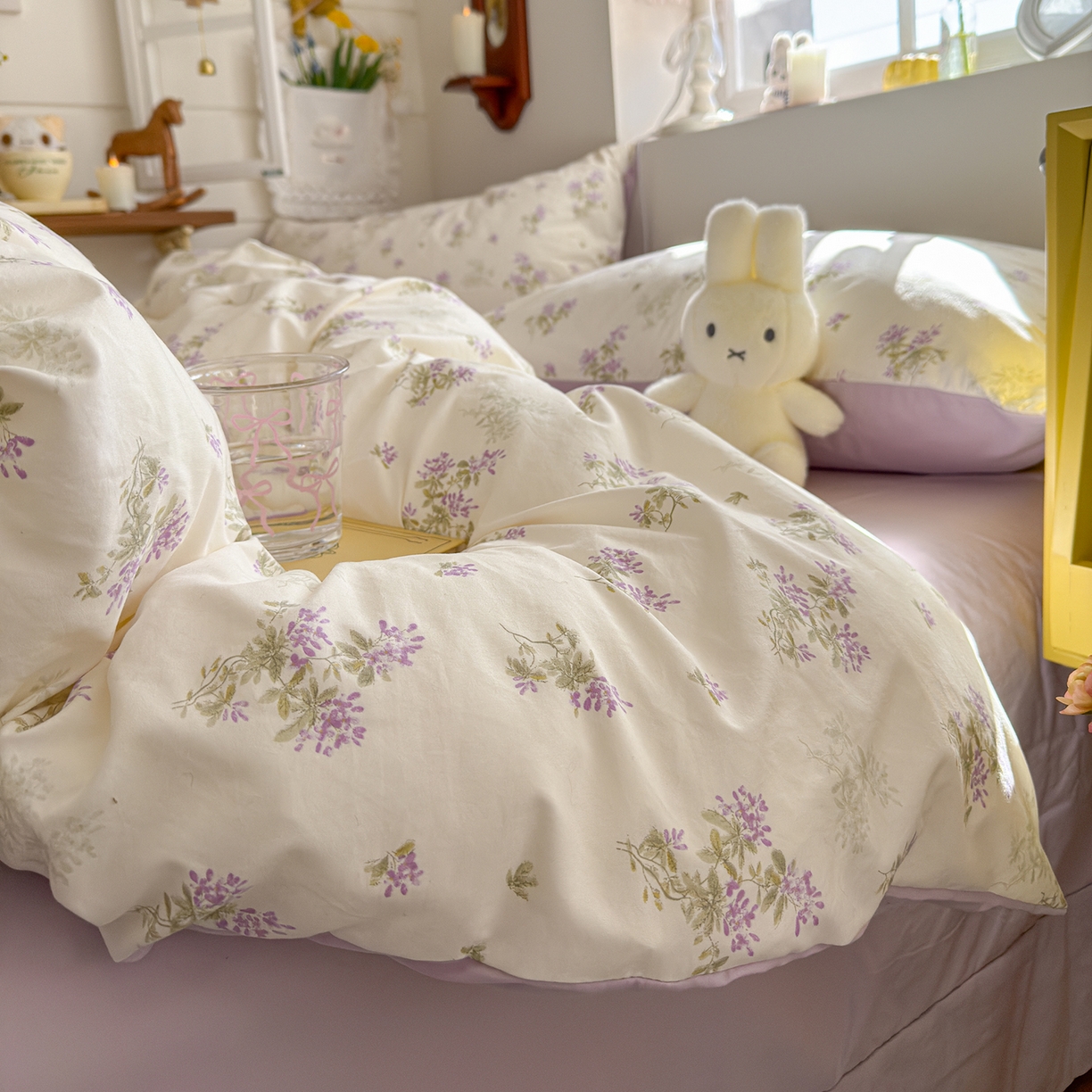 91家纺网 家纺一手货源 找家纺 金梦拉家纺 2026新款春夏古法水洗仿棉砂洗云小棉小布袋四件套 夏日紫樱