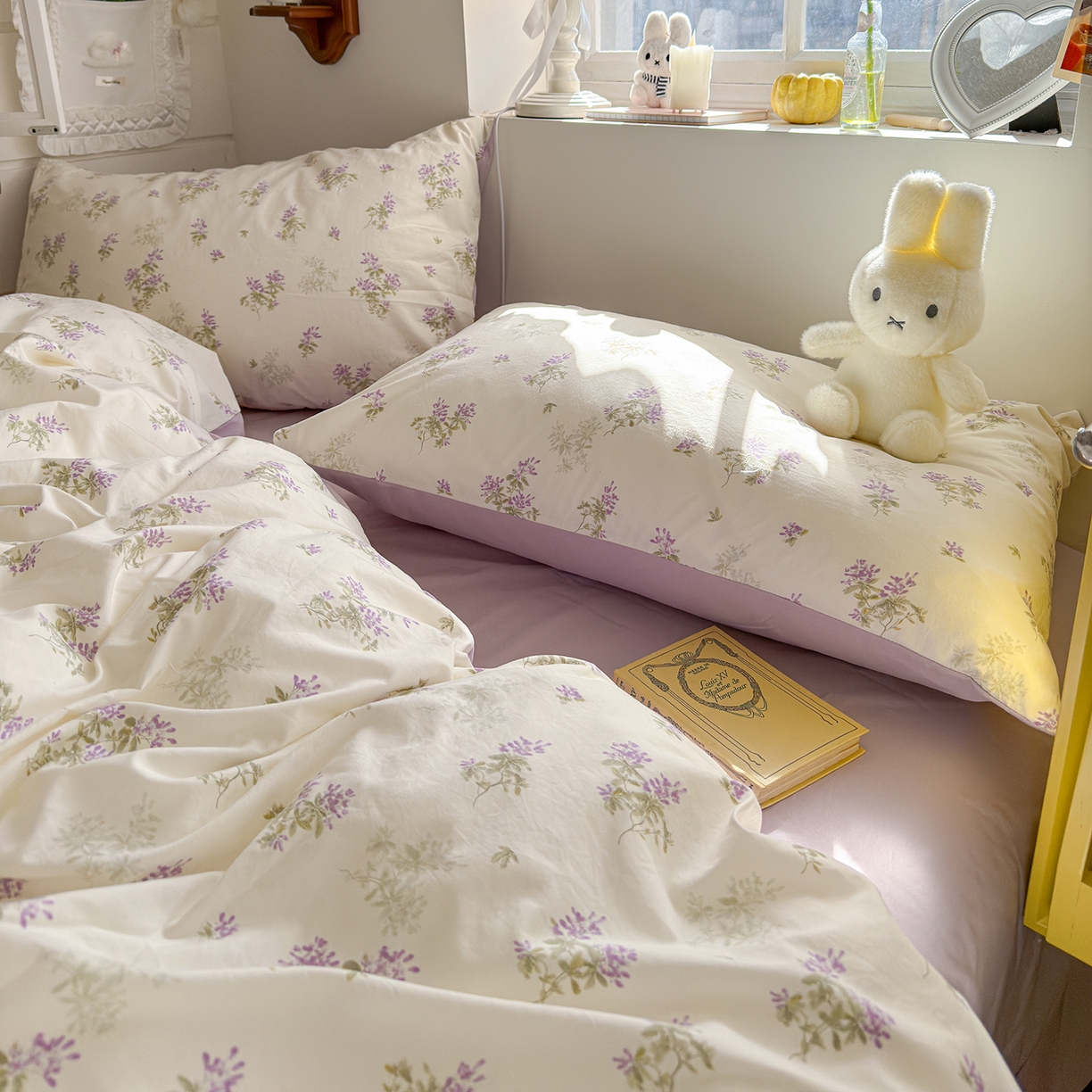 91家纺网 家纺一手货源 找家纺 金梦拉家纺 2026新款春夏古法水洗仿棉砂洗云小棉小布袋四件套 夏日紫樱