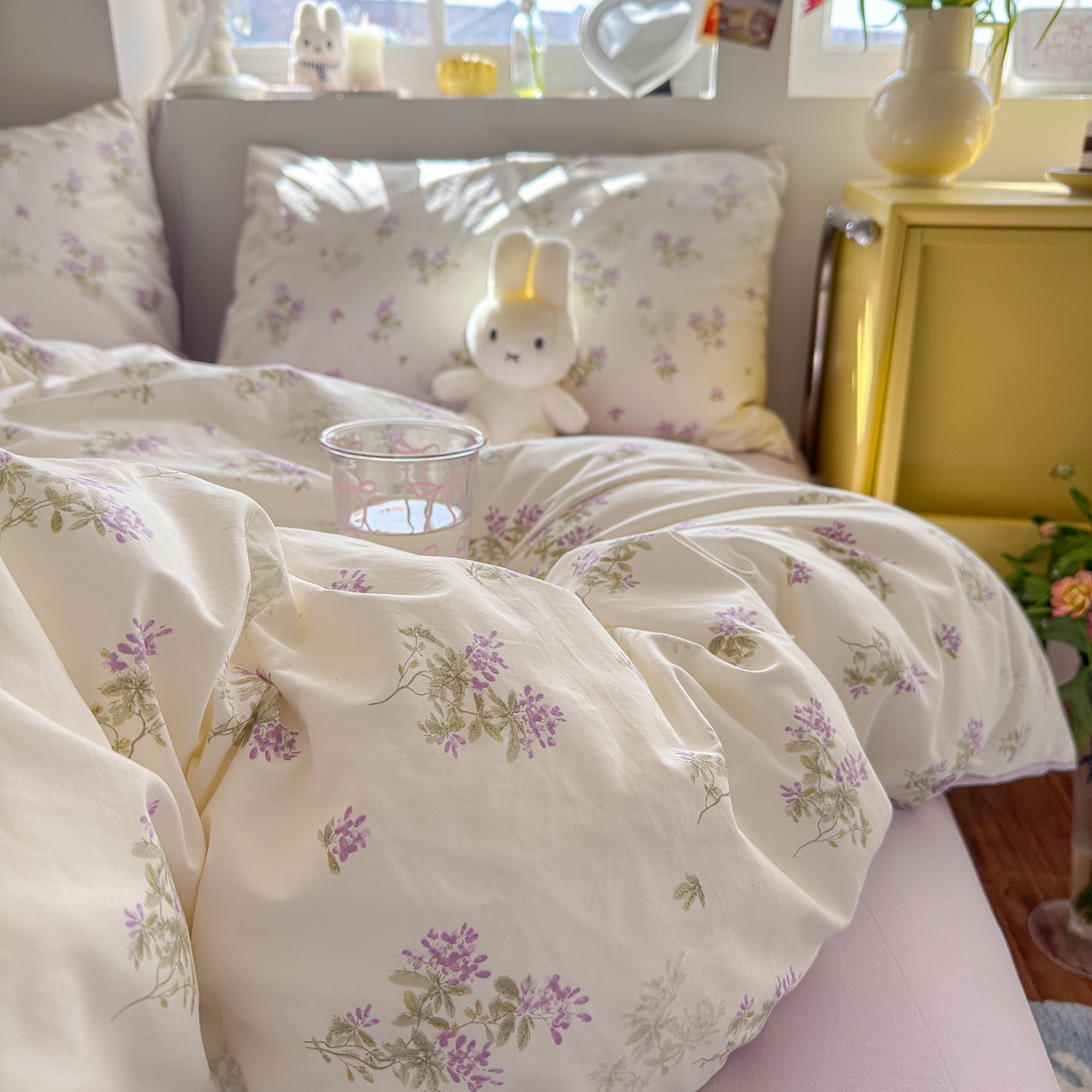 91家纺网 家纺一手货源 找家纺 金梦拉家纺 2026新款春夏古法水洗仿棉砂洗云小棉小布袋四件套 夏日紫樱