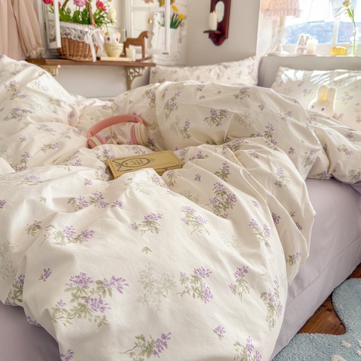 91家纺网 家纺一手货源 找家纺 金梦拉家纺 2026新款春夏古法水洗仿棉砂洗云小棉小布袋四件套 夏日紫樱