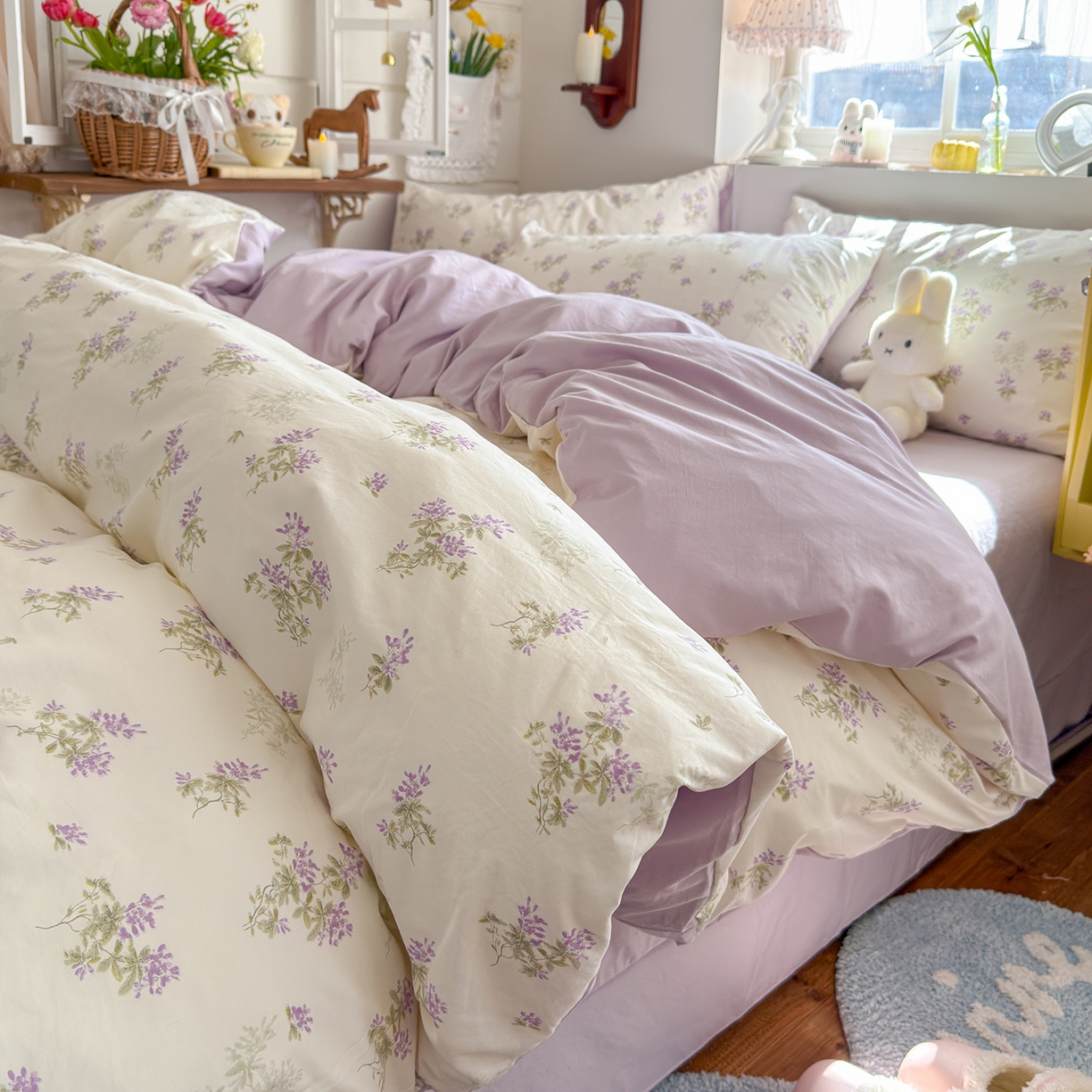 91家纺网 家纺一手货源 找家纺 金梦拉家纺 2026新款春夏古法水洗仿棉砂洗云小棉小布袋四件套 夏日紫樱