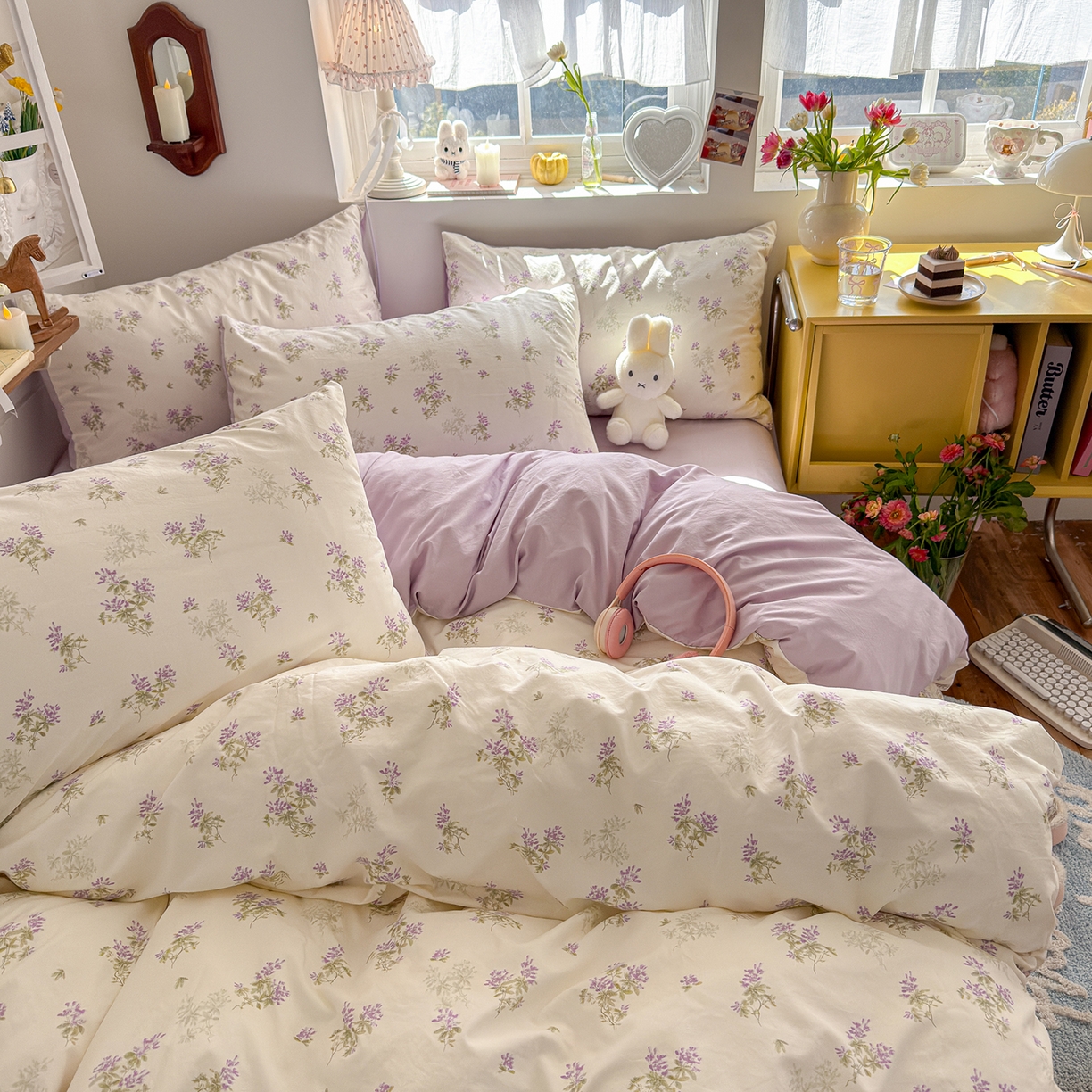 91家纺网 家纺一手货源 找家纺 金梦拉家纺 2026新款春夏古法水洗仿棉砂洗云小棉小布袋四件套 夏日紫樱