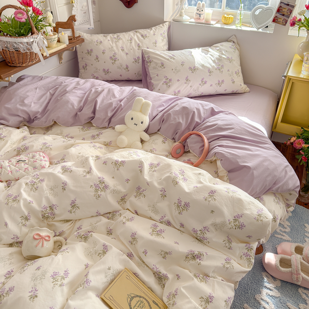 91家纺网 家纺一手货源 找家纺 金梦拉家纺 2026新款春夏古法水洗仿棉砂洗云小棉小布袋四件套 夏日紫樱