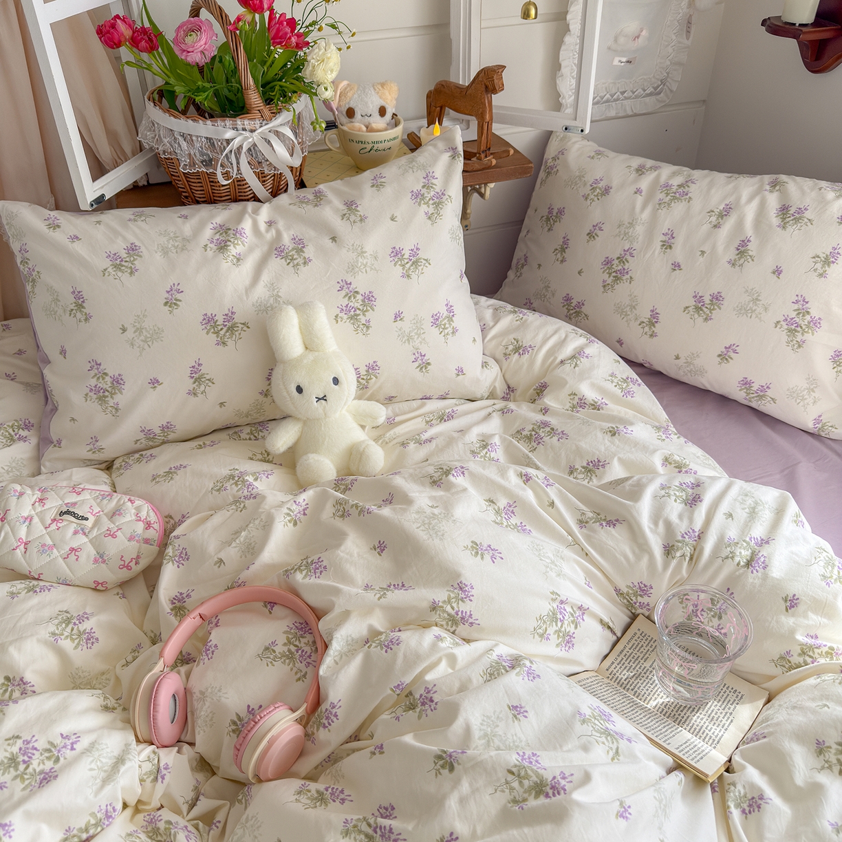 91家纺网 家纺一手货源 找家纺 金梦拉家纺 2026新款春夏古法水洗仿棉砂洗云小棉小布袋四件套 夏日紫樱