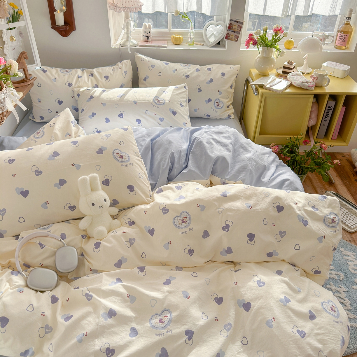 91家纺网 家纺一手货源 找家纺 金梦拉家纺 2026新款春夏古法水洗仿棉砂洗云小棉小布袋四件套 爱心狗