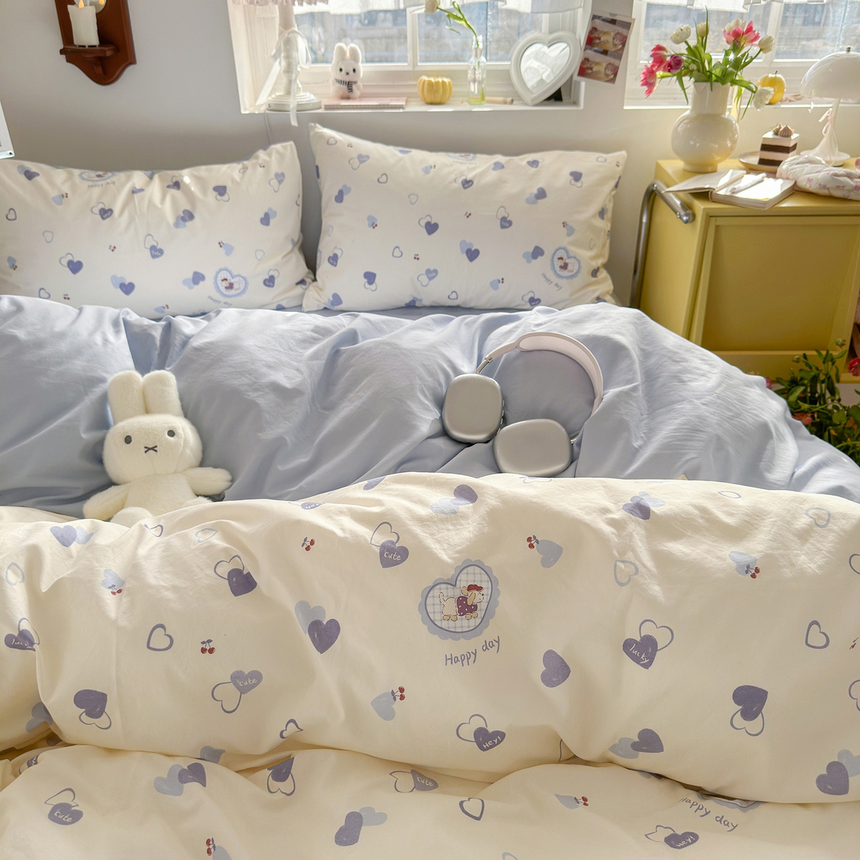 91家纺网 家纺一手货源 找家纺 金梦拉家纺 2026新款春夏古法水洗仿棉砂洗云小棉小布袋四件套 爱心狗