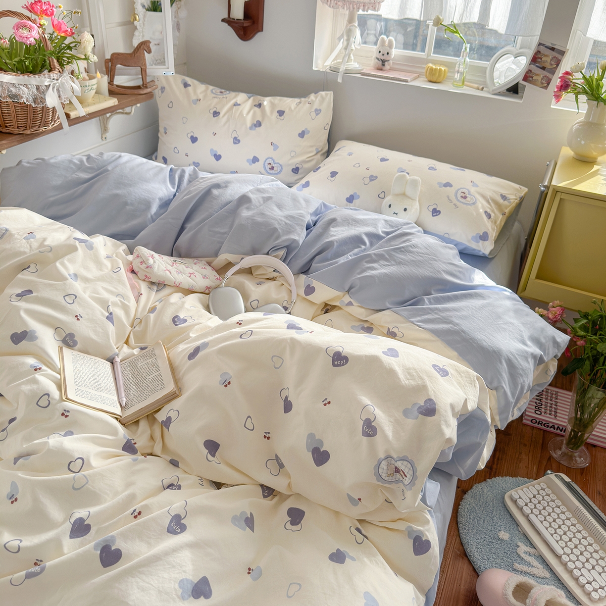 91家纺网 家纺一手货源 找家纺 金梦拉家纺 2026新款春夏古法水洗仿棉砂洗云小棉小布袋四件套 爱心狗