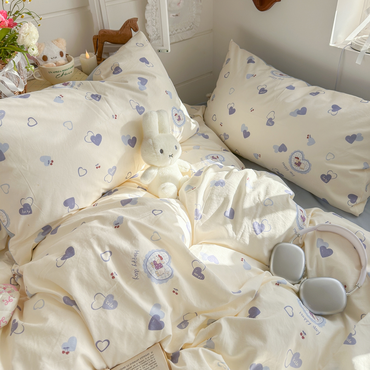 91家纺网 家纺一手货源 找家纺 金梦拉家纺 2026新款春夏古法水洗仿棉砂洗云小棉小布袋四件套 爱心狗