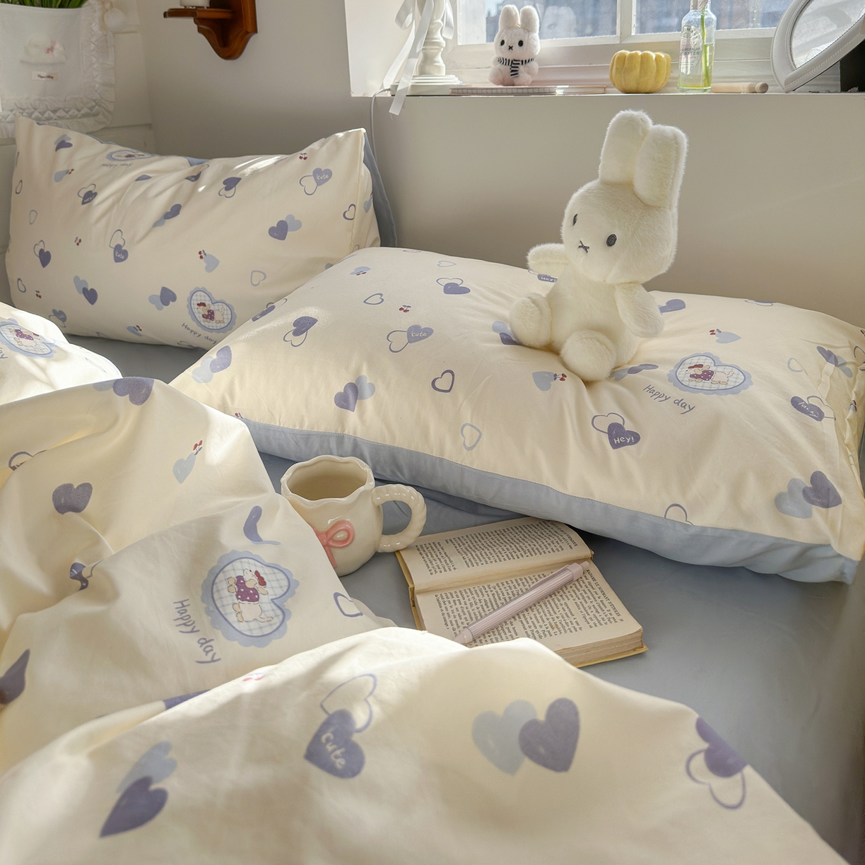 91家纺网 家纺一手货源 找家纺 金梦拉家纺 2026新款春夏古法水洗仿棉砂洗云小棉小布袋四件套 爱心狗