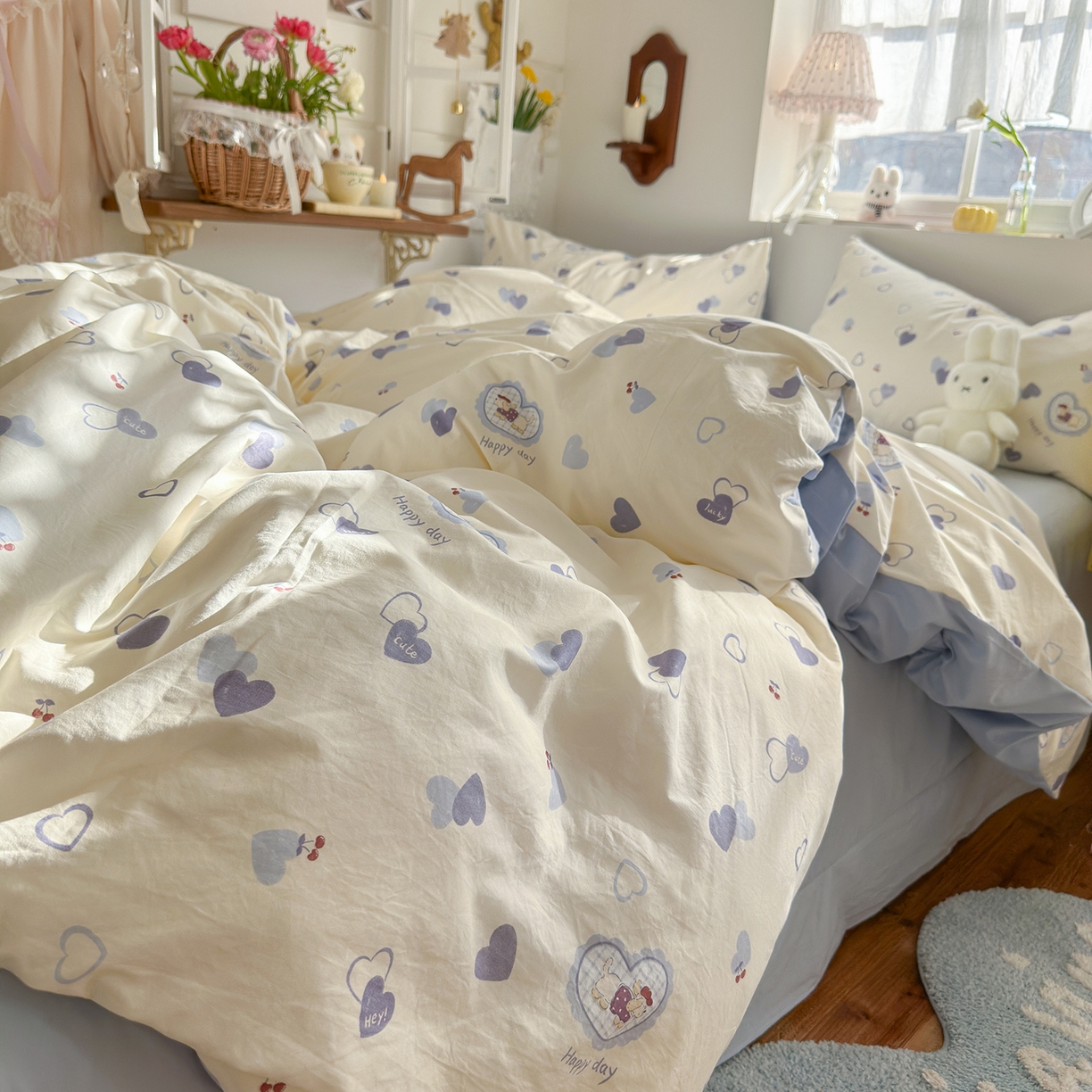 91家纺网 家纺一手货源 找家纺 金梦拉家纺 2026新款春夏古法水洗仿棉砂洗云小棉小布袋四件套 爱心狗