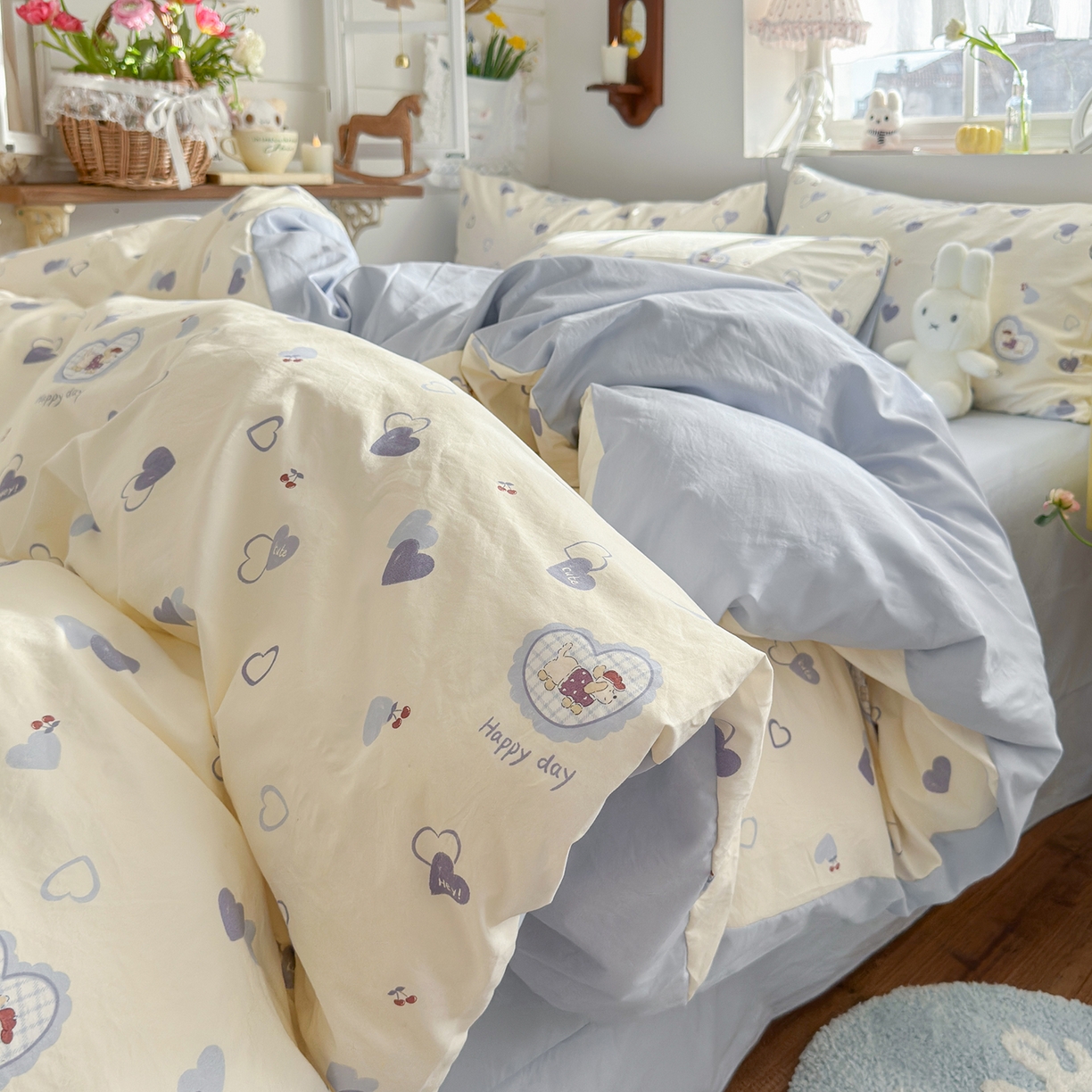 91家纺网 家纺一手货源 找家纺 金梦拉家纺 2026新款春夏古法水洗仿棉砂洗云小棉小布袋四件套 爱心狗