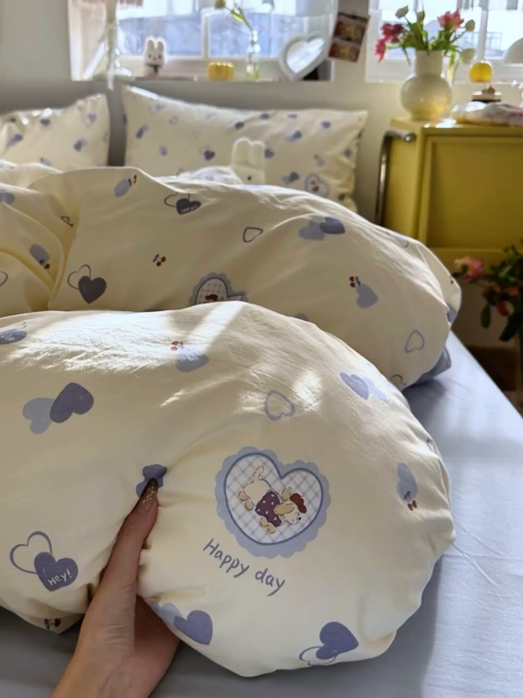 91家纺网 家纺一手货源 找家纺 金梦拉家纺 2026新款春夏古法水洗仿棉砂洗云小棉小布袋四件套 爱心狗