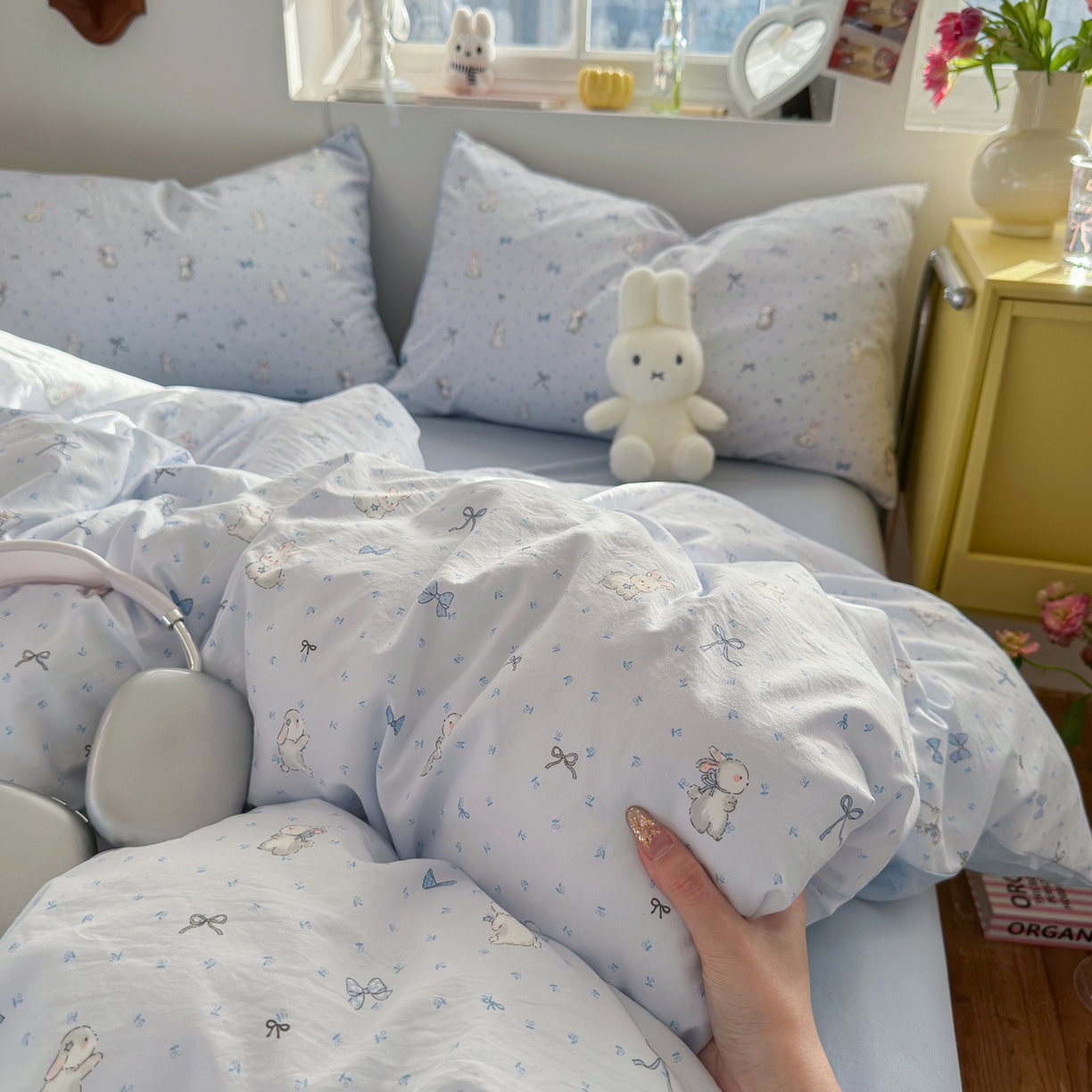 91家纺网 家纺一手货源 找家纺 金梦拉家纺 2026新款春夏古法水洗仿棉砂洗云小棉小布袋四件套 蓝小兔