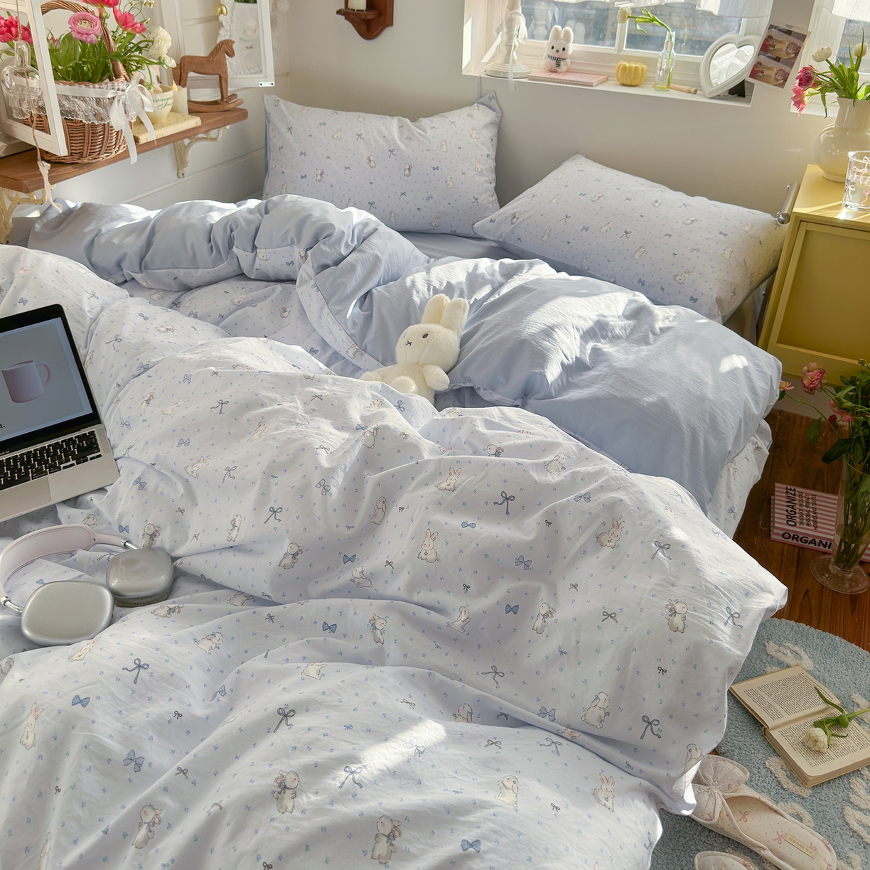 91家纺网 家纺一手货源 找家纺 金梦拉家纺 2026新款春夏古法水洗仿棉砂洗云小棉小布袋四件套 蓝小兔