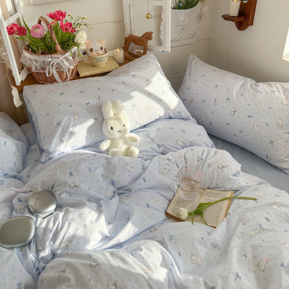 91家纺网 家纺一手货源 找家纺 金梦拉家纺 2026新款春夏古法水洗仿棉砂洗云小棉小布袋四件套 蓝小兔