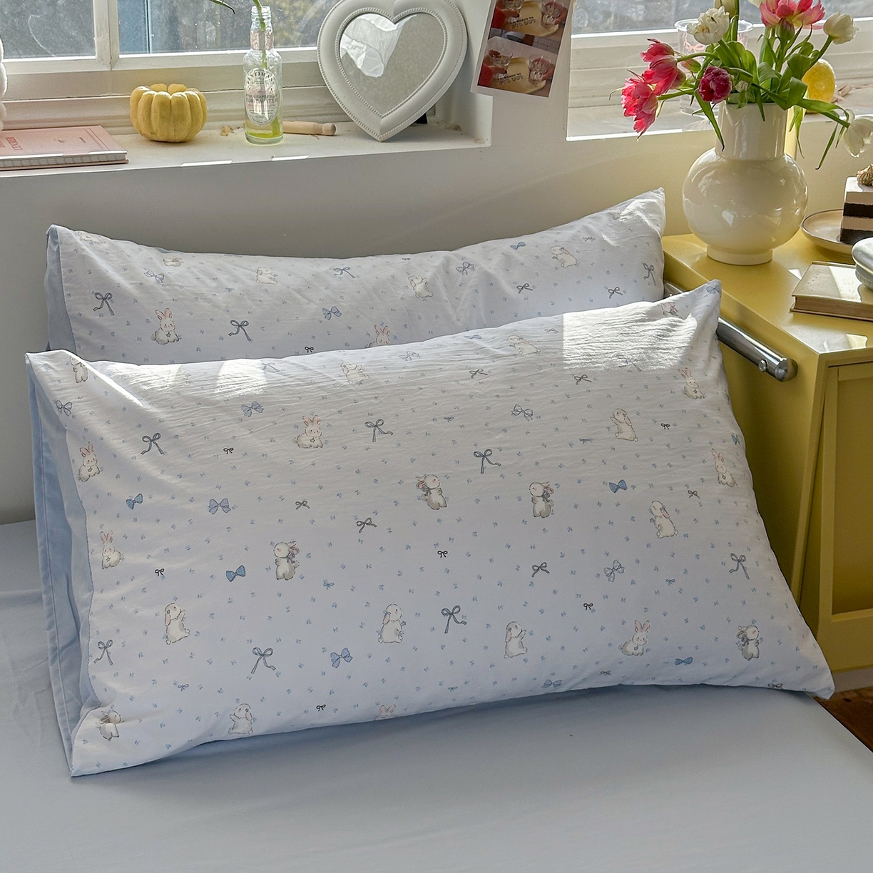 91家纺网 家纺一手货源 找家纺 金梦拉家纺 2026新款春夏古法水洗仿棉砂洗云小棉小布袋四件套 蓝小兔