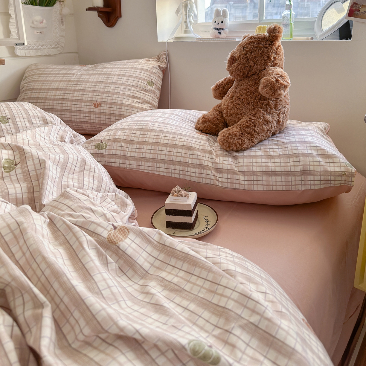 91家纺网 家纺一手货源 找家纺 金梦拉家纺 2026新款春夏古法水洗仿棉砂洗云小棉小布袋四件套 可爱南瓜