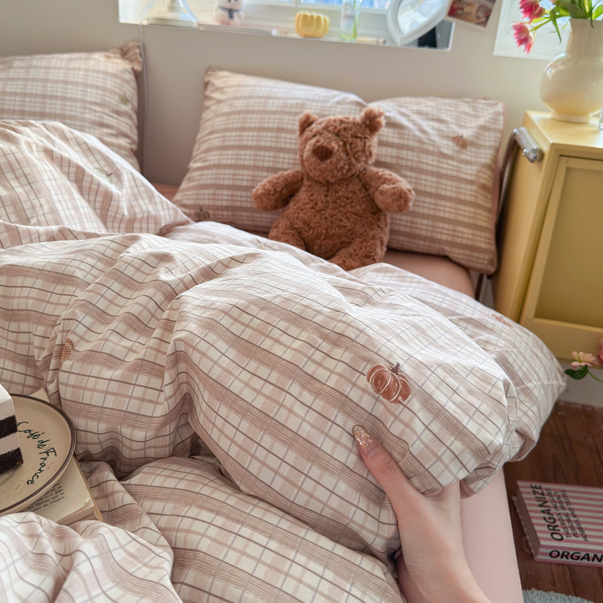 91家纺网 家纺一手货源 找家纺 金梦拉家纺 2026新款春夏古法水洗仿棉砂洗云小棉小布袋四件套 可爱南瓜